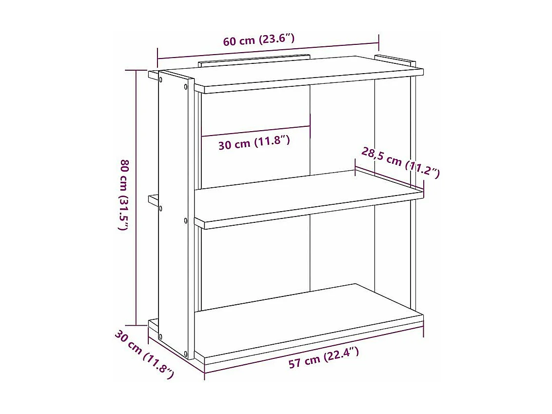 Bibliothèque à 3 niveaux vieux bois 60x30x80 bois ingénierie