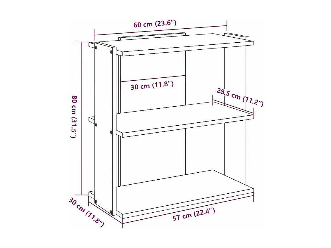 Bibliothèque à 3 niveaux gris béton 60x30x80 bois ingénierie