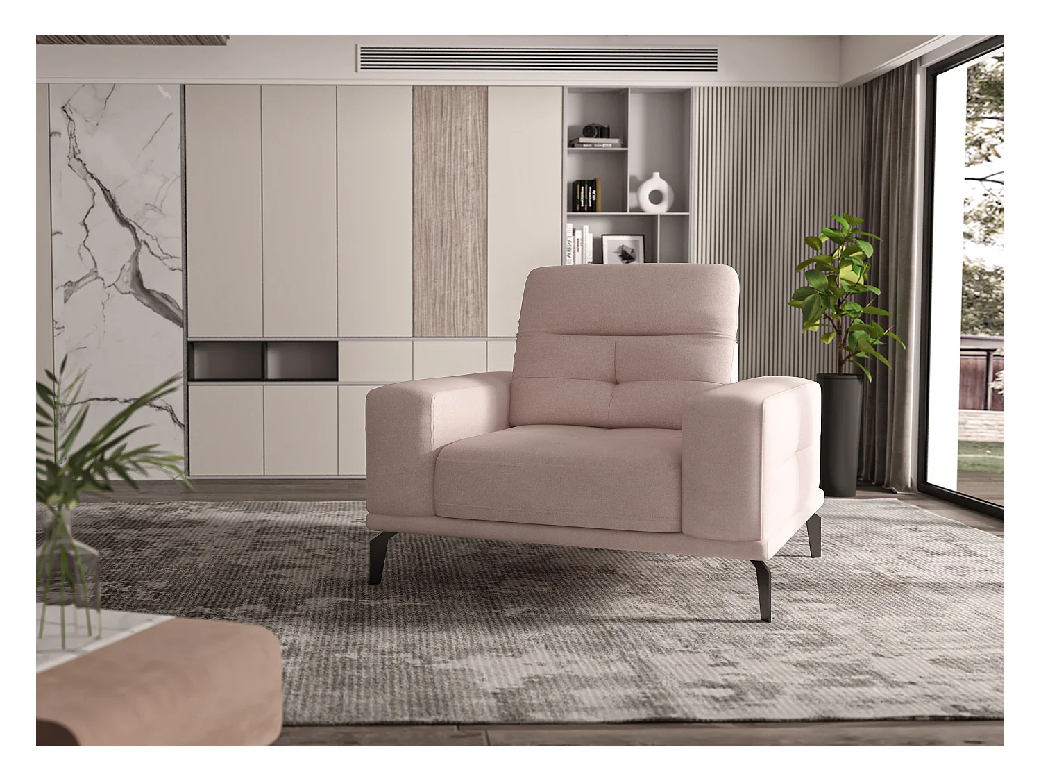 Fauteuil design tissu rose clair Torpille 125cm