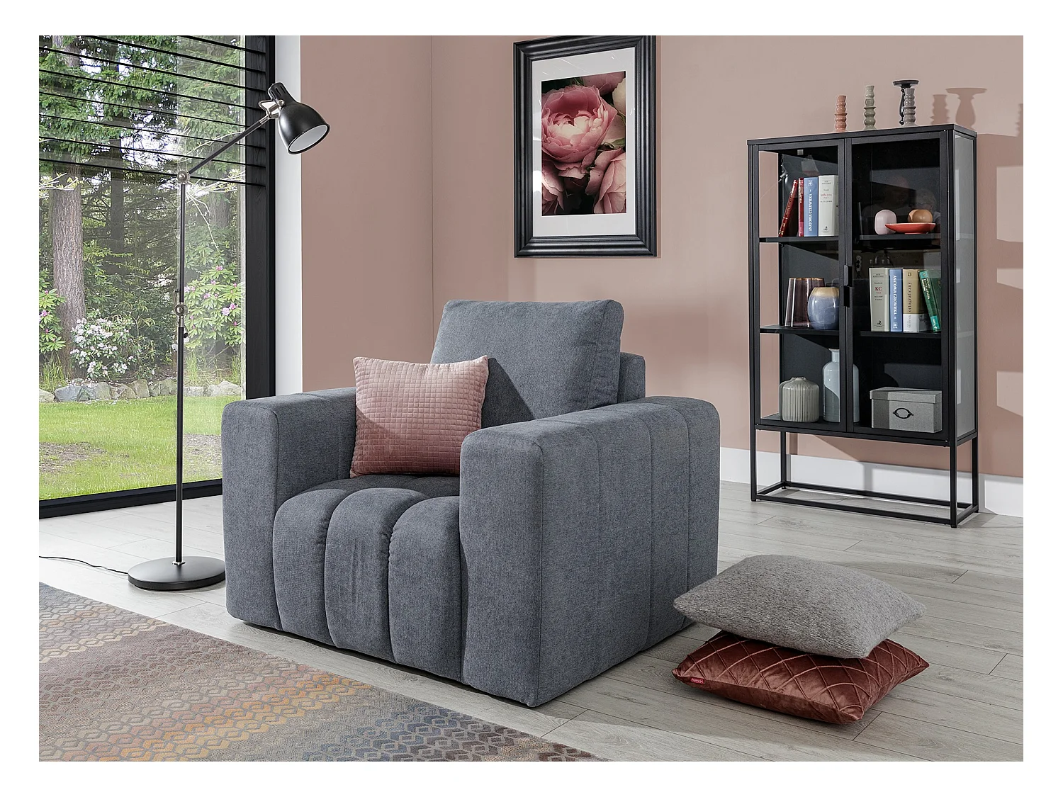 Fauteuil moderne capitonné LARKO velours-Prune