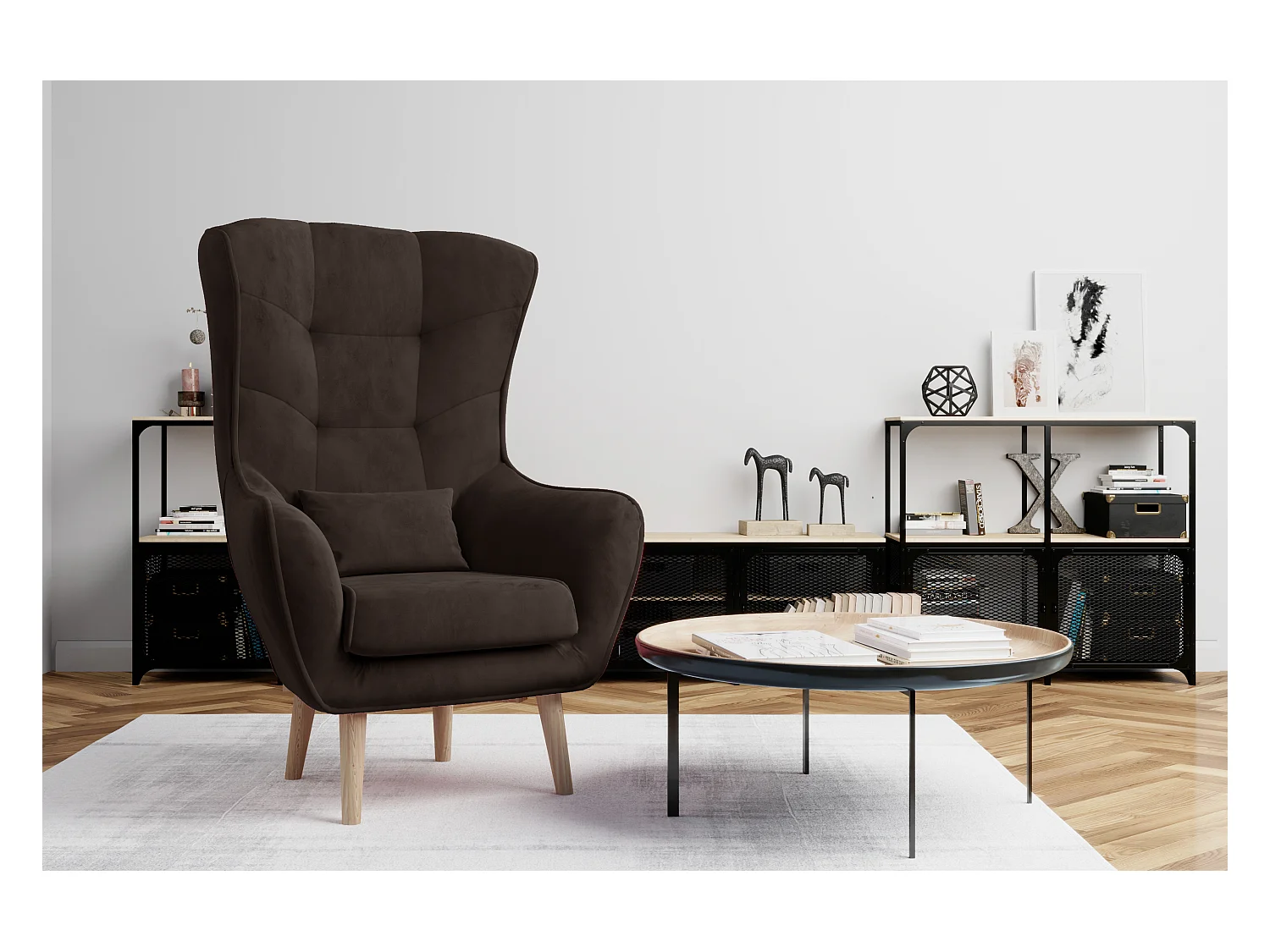 Fauteuil bergère velours marron capitonné Lazza 80cm