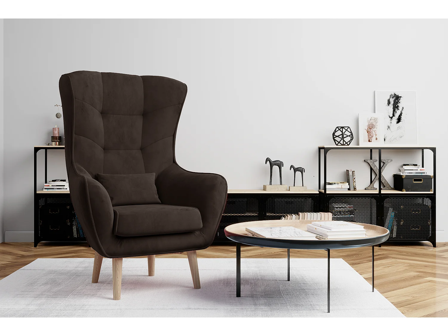 Fauteuil bergère velours marron capitonné Lazza 80cm