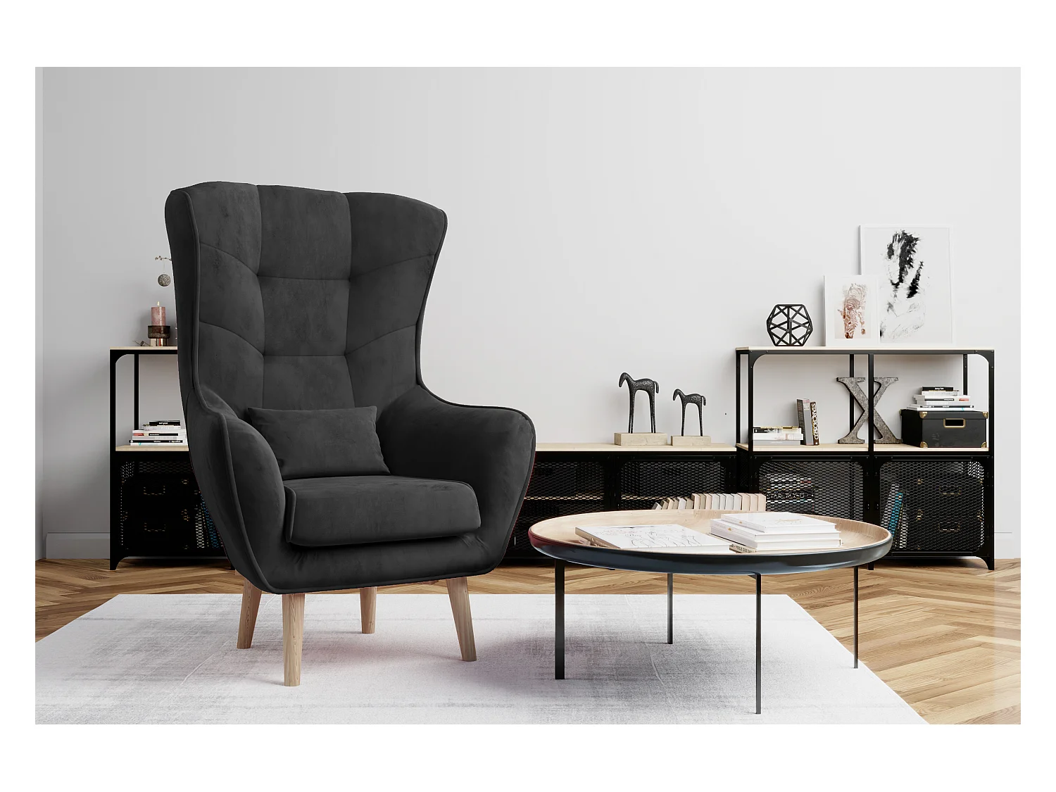 Fauteuil bergère velours anthracite capitonné Lazza 80cm