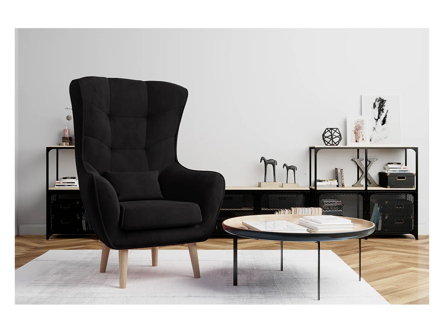 Fauteuil bergère velours noir capitonné Lazza 80cm