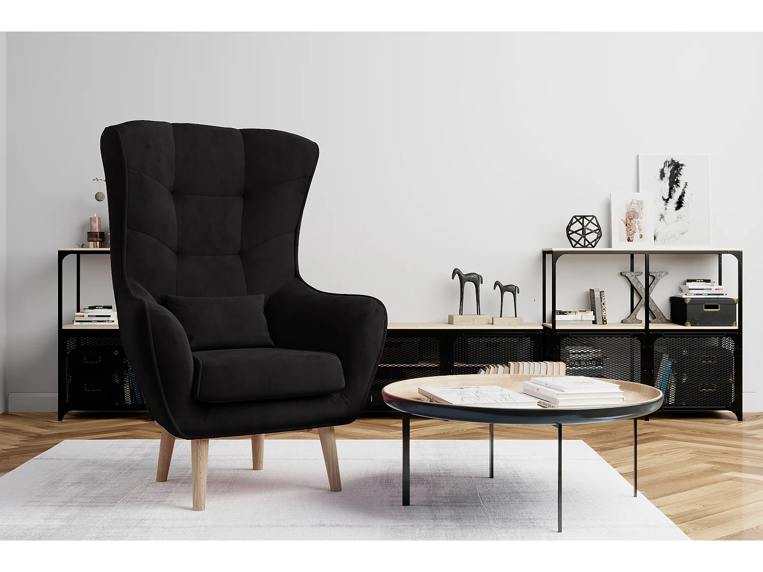 Fauteuil bergère velours noir capitonné Lazza 80cm