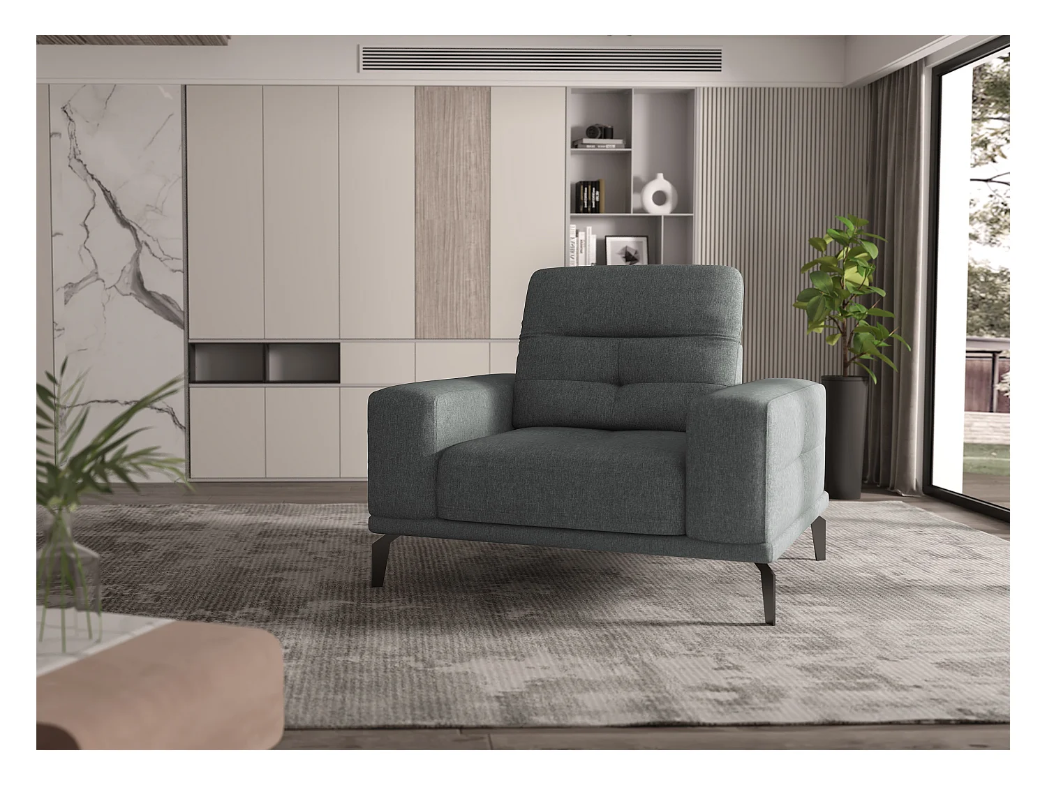 Fauteuil design tissu gris chiné chiné Torpille 125cm