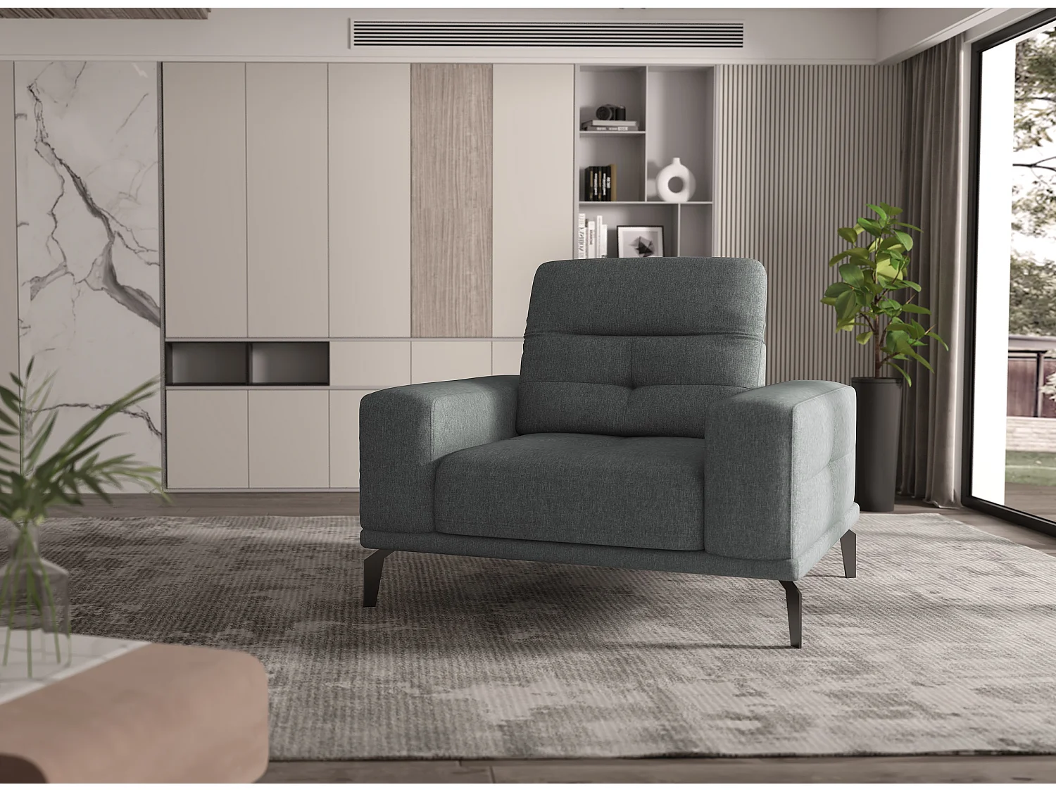 Fauteuil design tissu gris chiné chiné Torpille 125cm