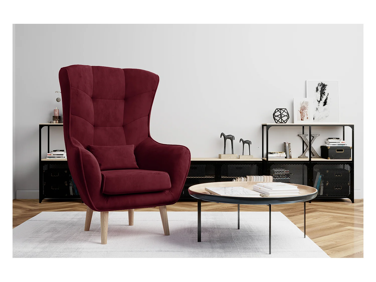 Fauteuil bergère velours bordeaux capitonné Lazza 80cm