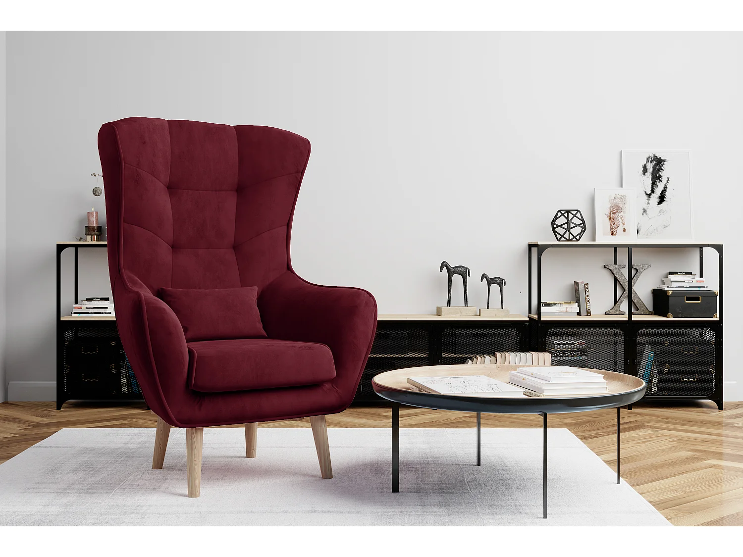 Fauteuil bergère velours bordeaux capitonné Lazza 80cm