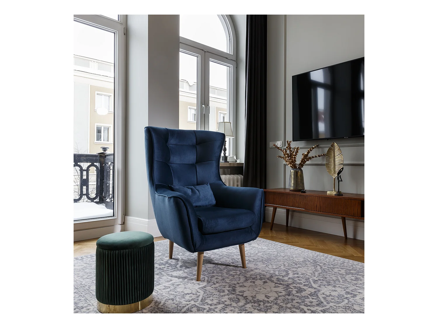 Fauteuil bergère velours bleu marine capitonné Lazza 80cm