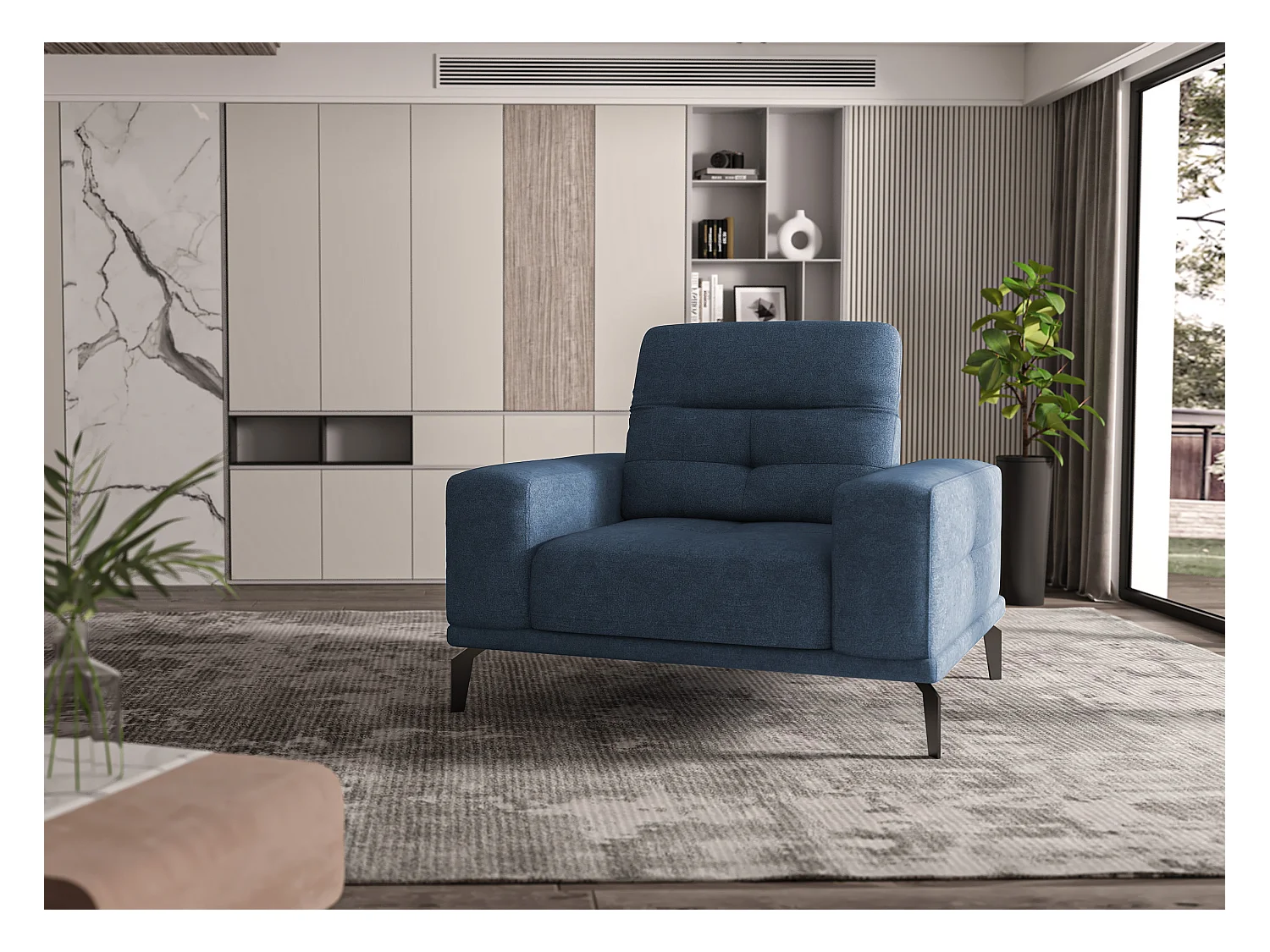 Fauteuil design tissu bleu clair Torpille 125cm