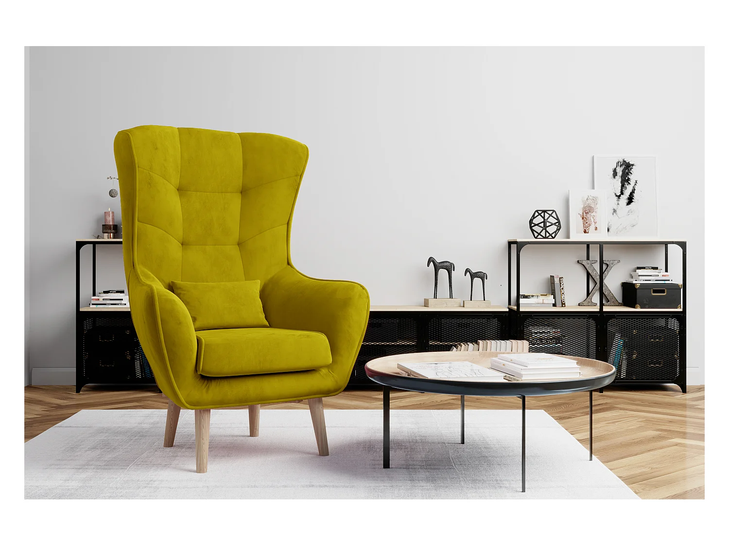 Fauteuil bergère velours vert anis capitonné Lazza 80cm