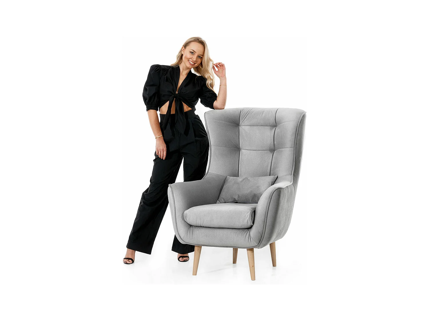 Fauteuil bergère velours vert anis capitonné Lazza 80cm