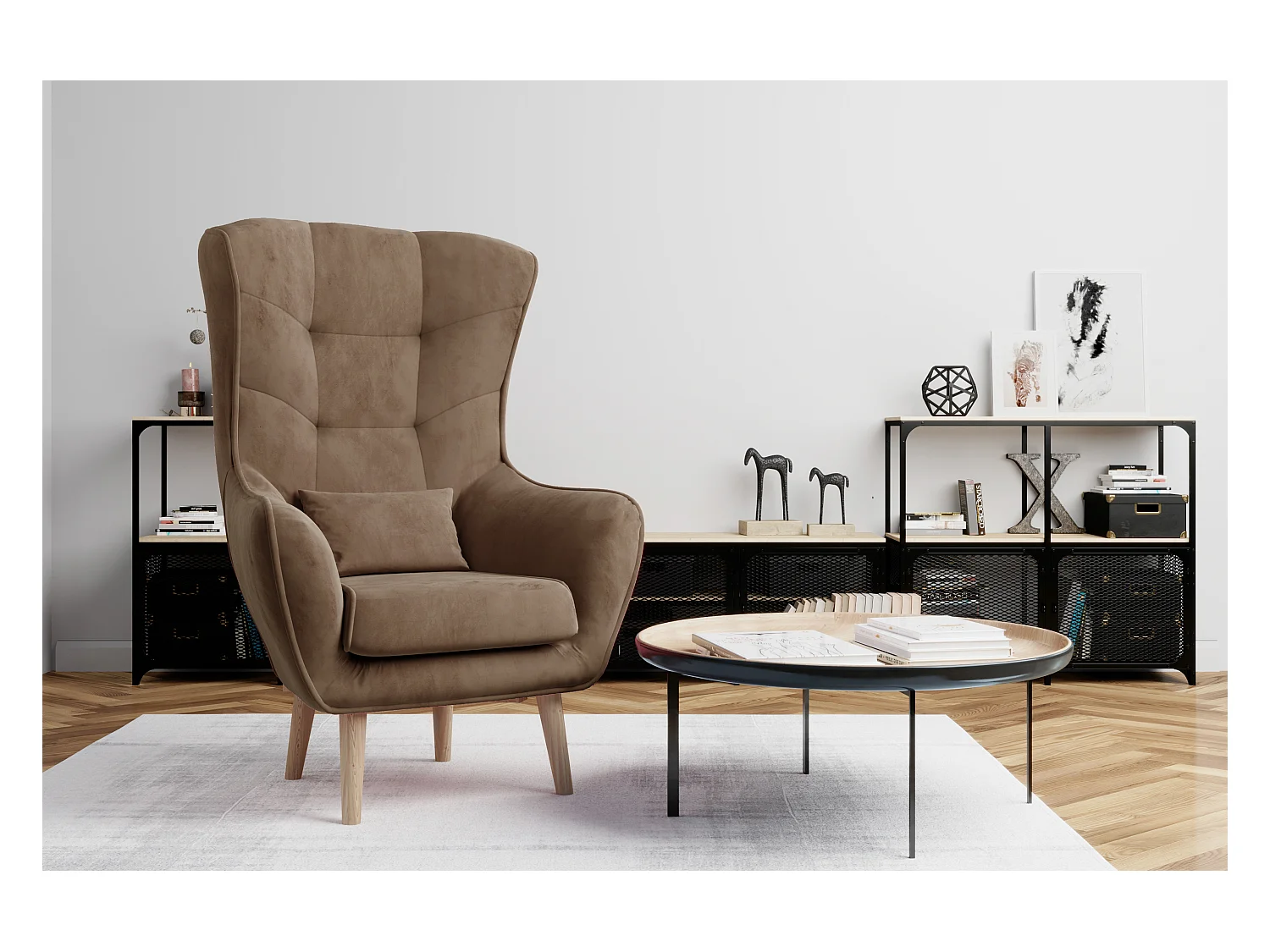 Fauteuil bergère velours marron clair capitonné Lazza 80cm