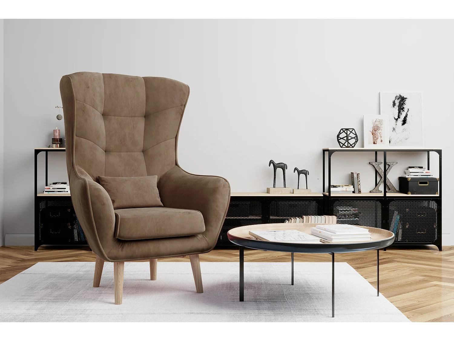 Fauteuil bergère velours marron clair capitonné Lazza 80cm