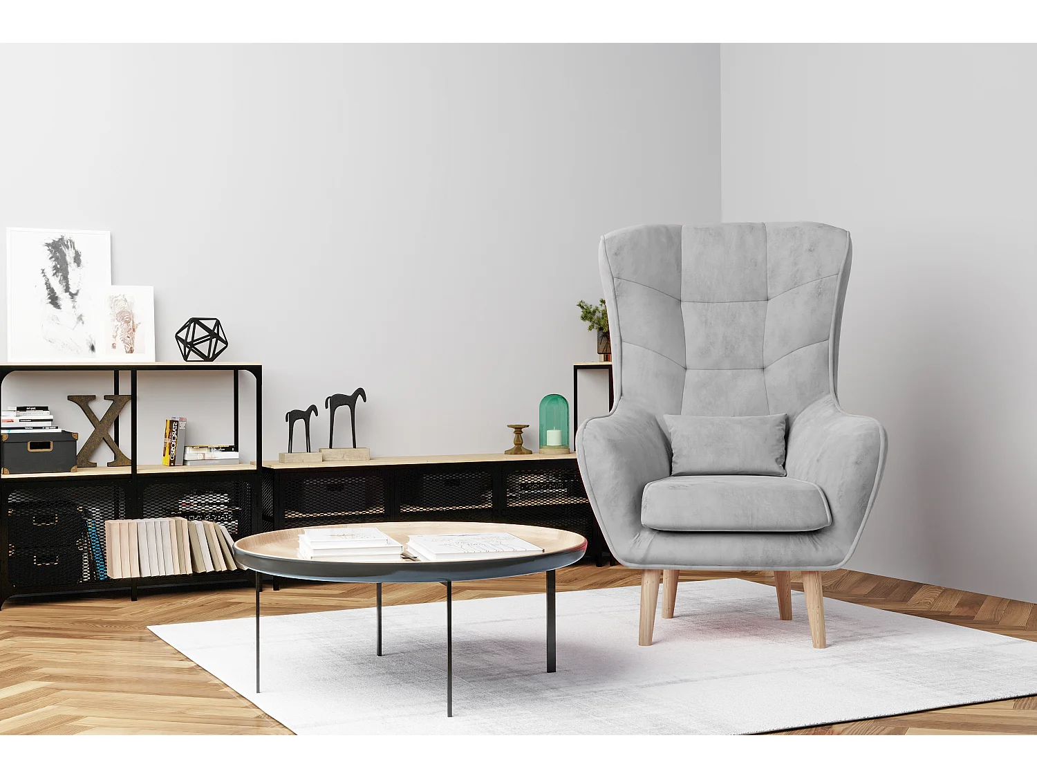 Fauteuil bergère velours marron clair capitonné Lazza 80cm