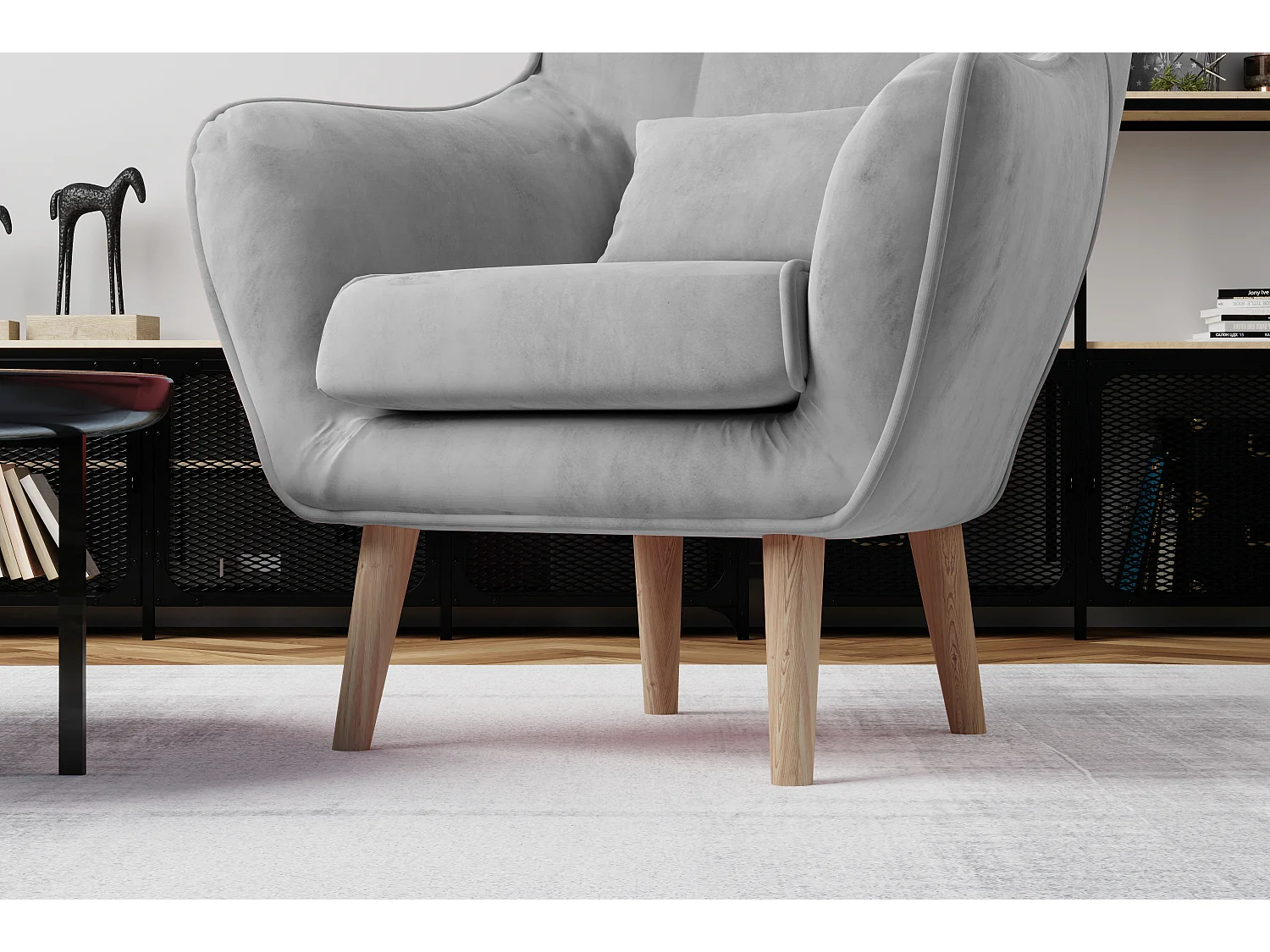 Fauteuil bergère velours gris capitonné Lazza 80cm