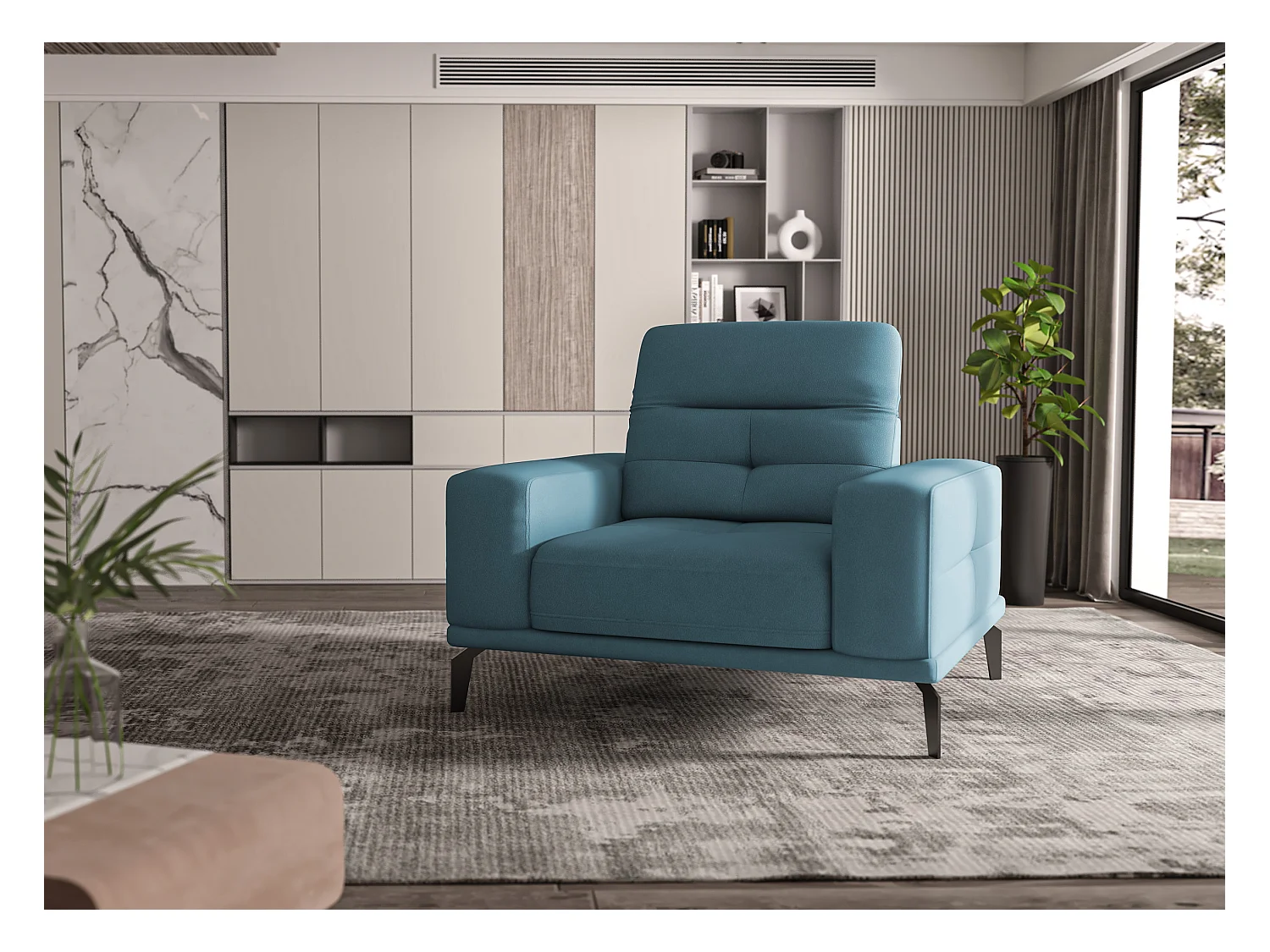Fauteuil design tissu bleu canard Torpille 125cm