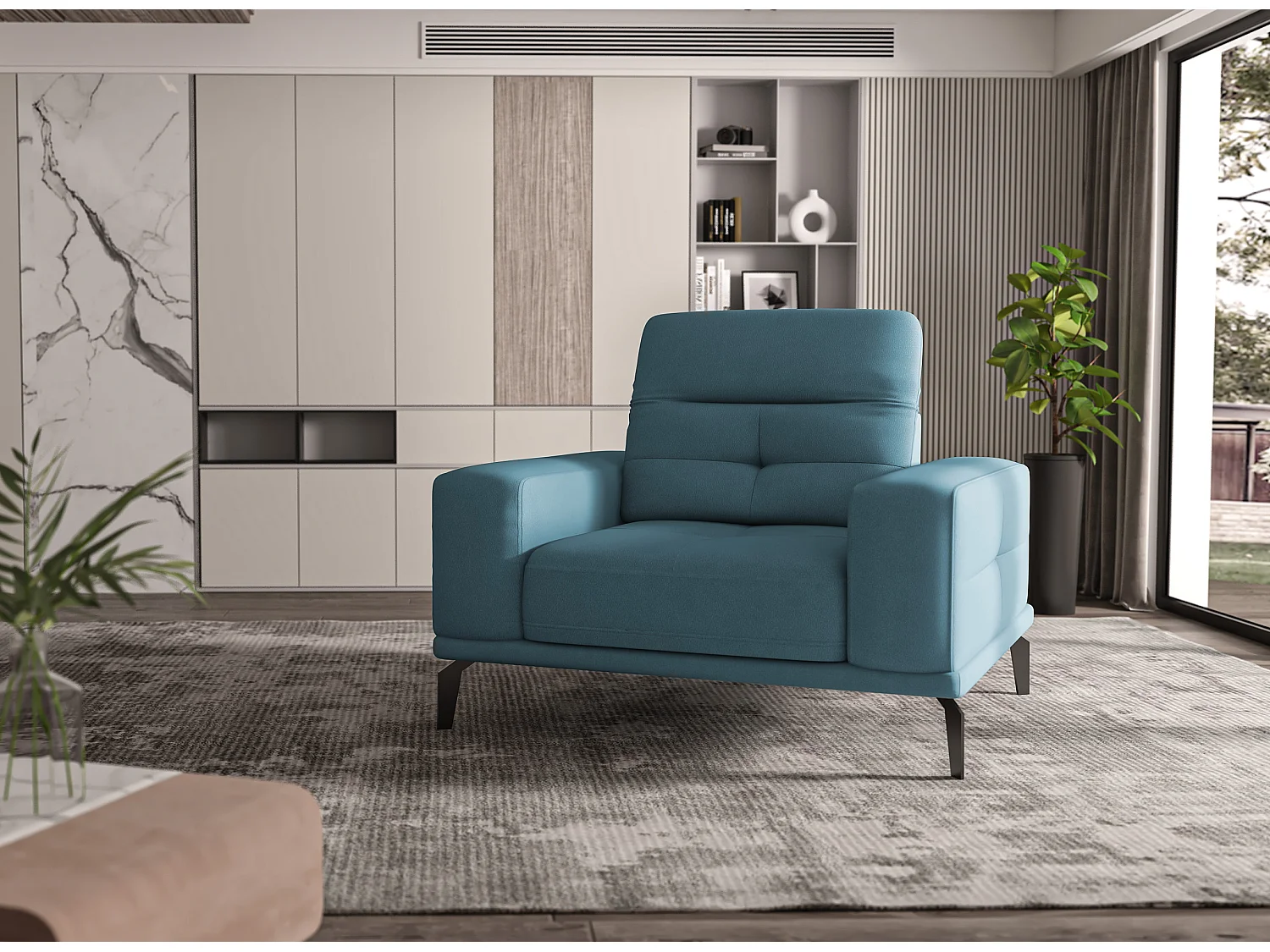 Fauteuil design tissu bleu canard Torpille 125cm