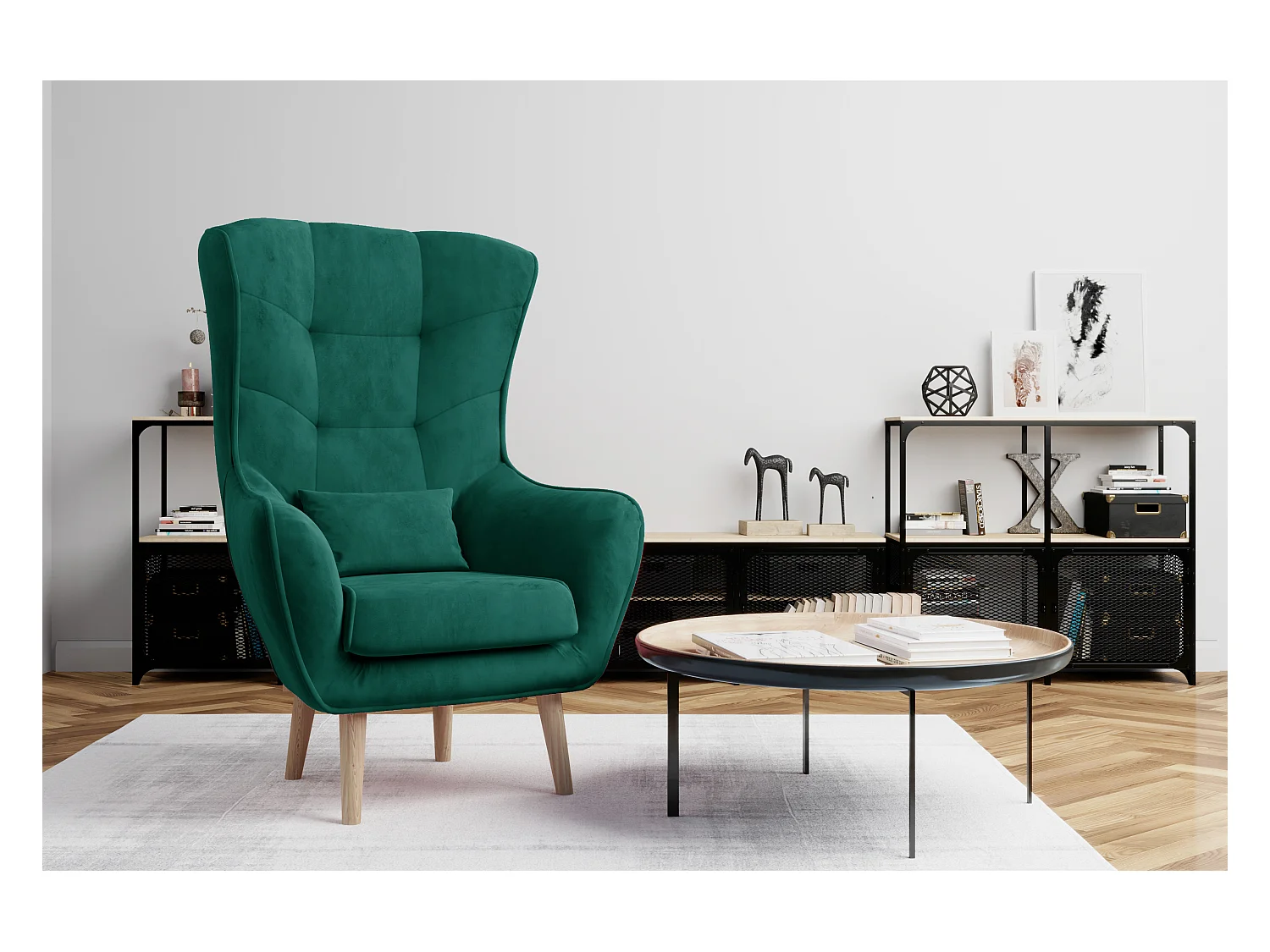 Fauteuil bergère velours vert capitonné Lazza 80cm