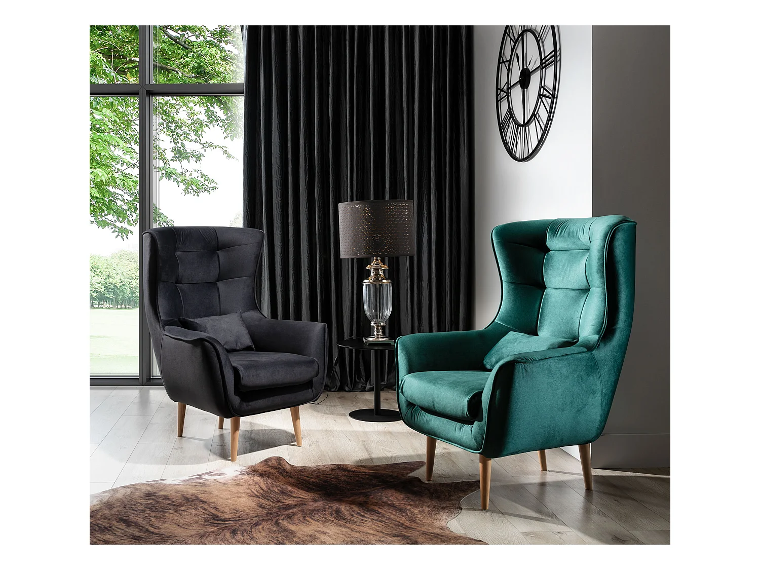 Fauteuil bergère velours vert capitonné Lazza 80cm