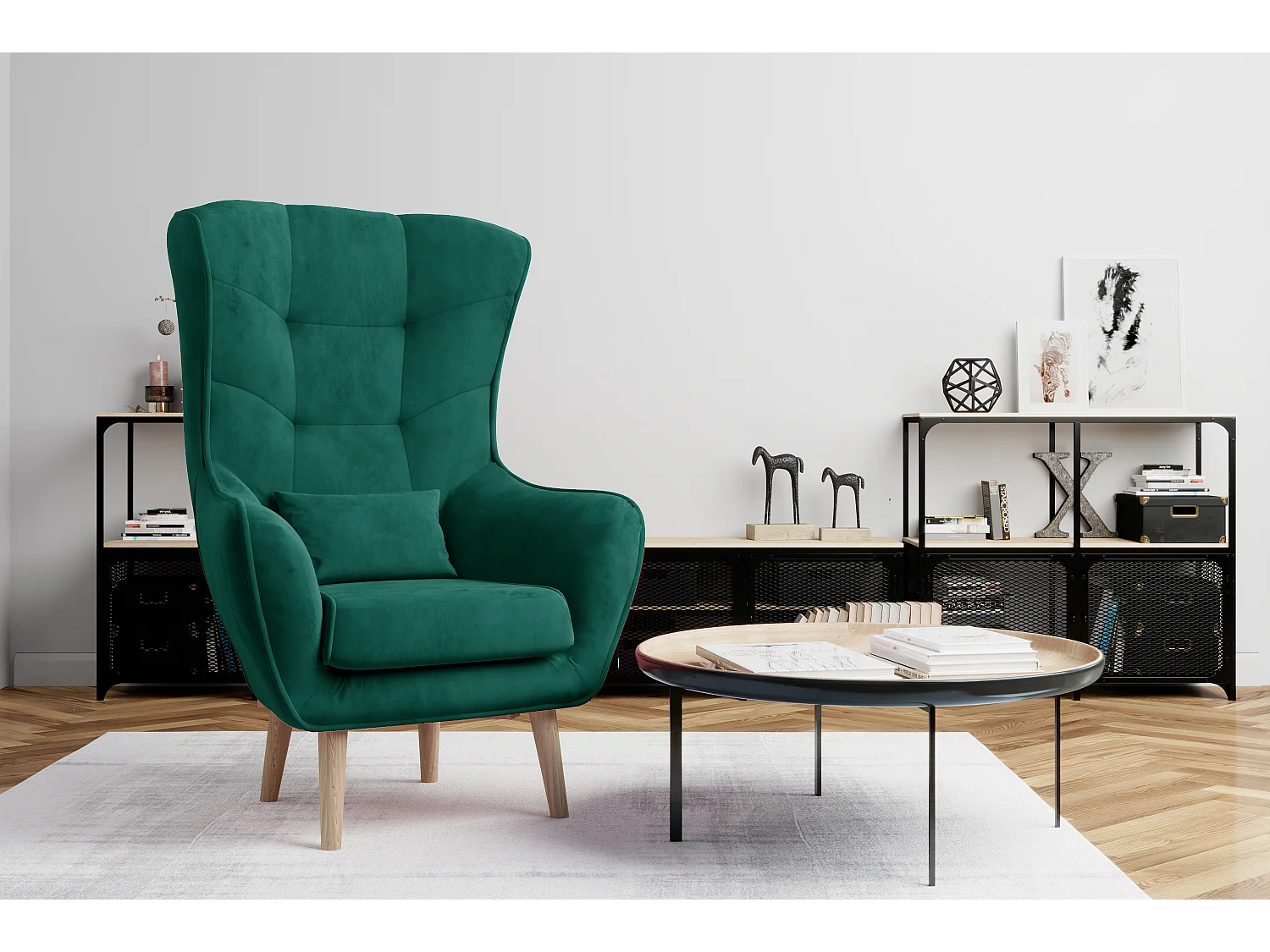 Fauteuil bergère velours vert capitonné Lazza 80cm