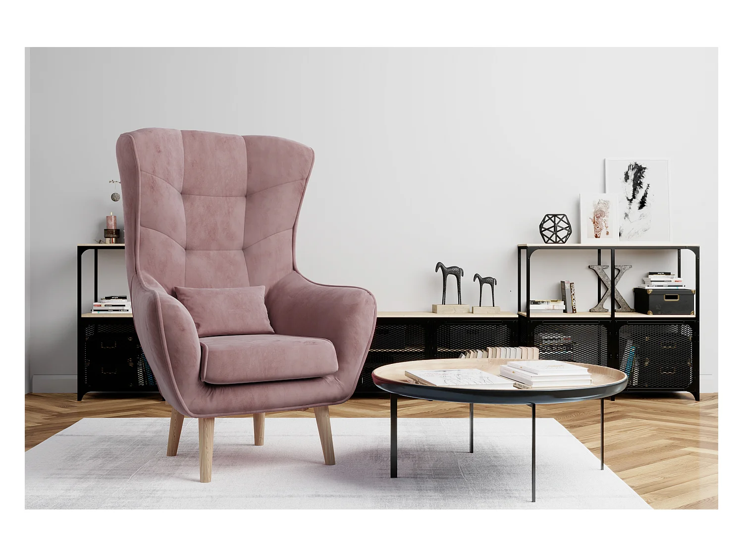 Fauteuil bergère velours rose capitonné Lazza 80cm