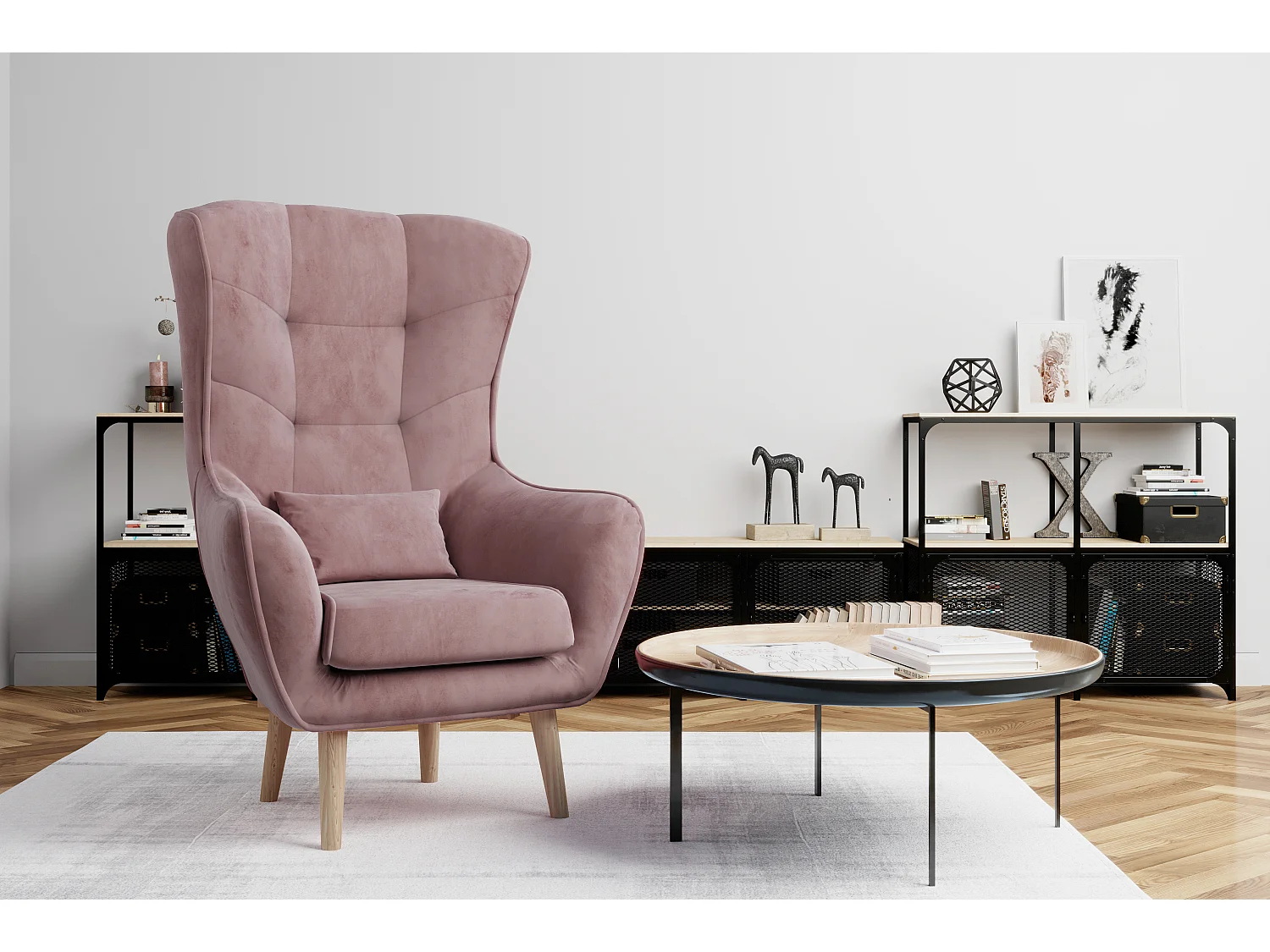 Fauteuil bergère velours rose capitonné Lazza 80cm