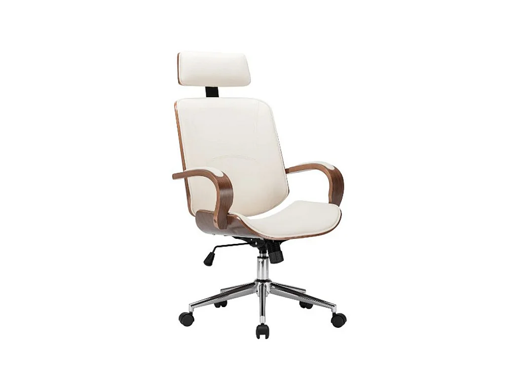 Fauteuil de bureau avec appuie-tête simili cuir beige et bois courbé foncé Cine