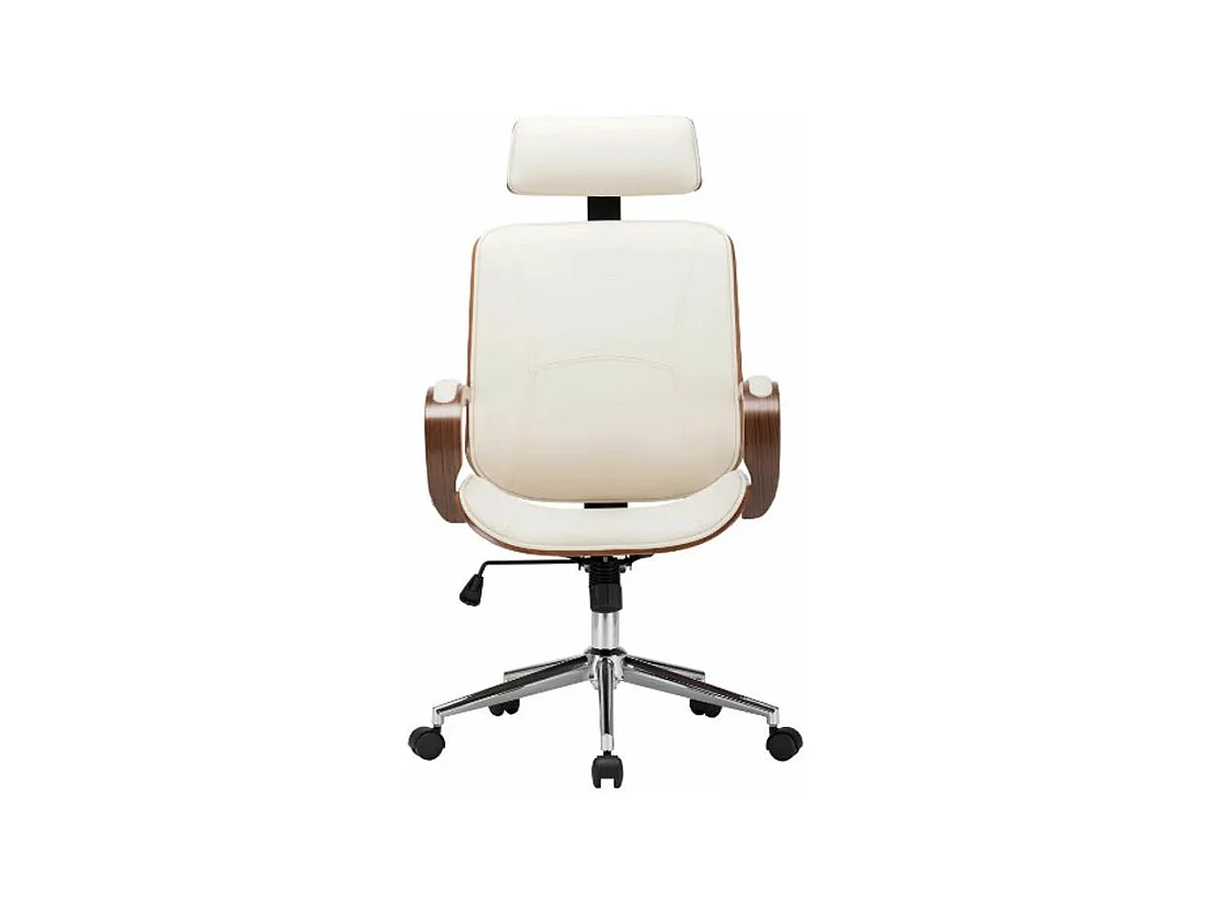 Fauteuil de bureau avec appuie-tête simili cuir beige et bois courbé foncé Cine