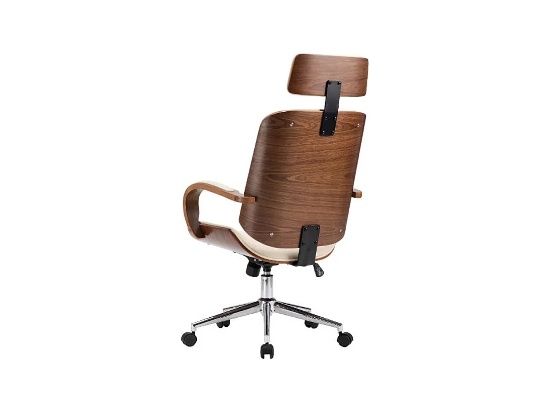 Fauteuil de bureau avec appuie-tête simili cuir beige et bois courbé foncé Cine