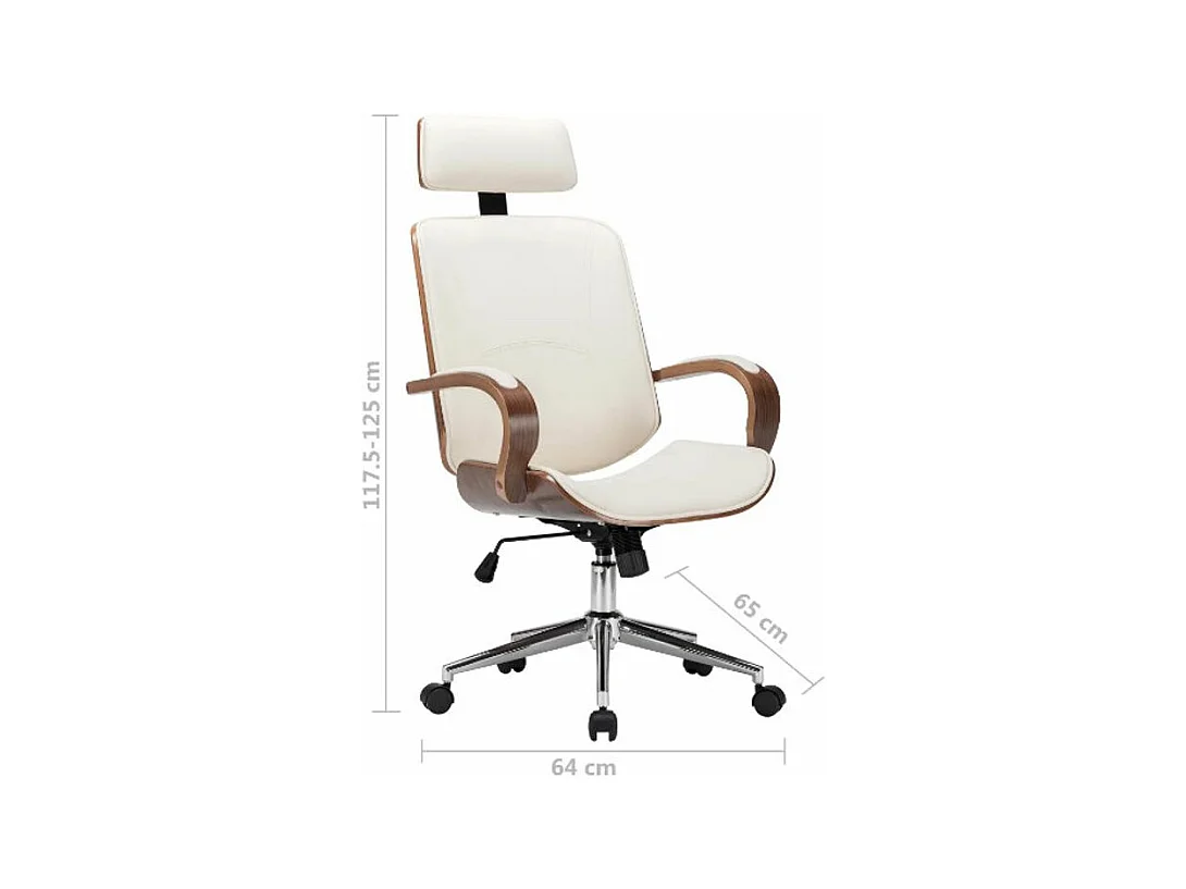 Fauteuil de bureau avec appuie-tête simili cuir beige et bois courbé foncé Cine