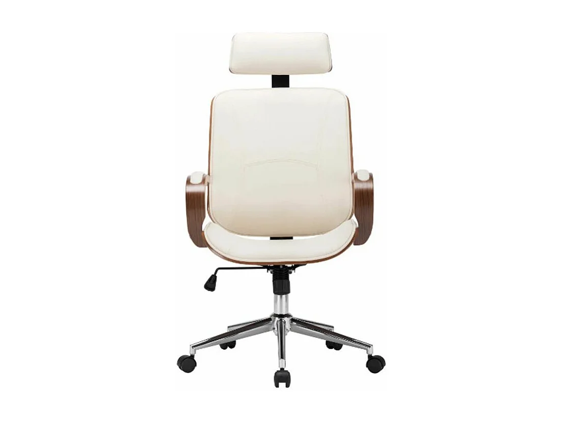 Fauteuil de bureau avec appuie-tête simili cuir beige et bois courbé foncé Cine