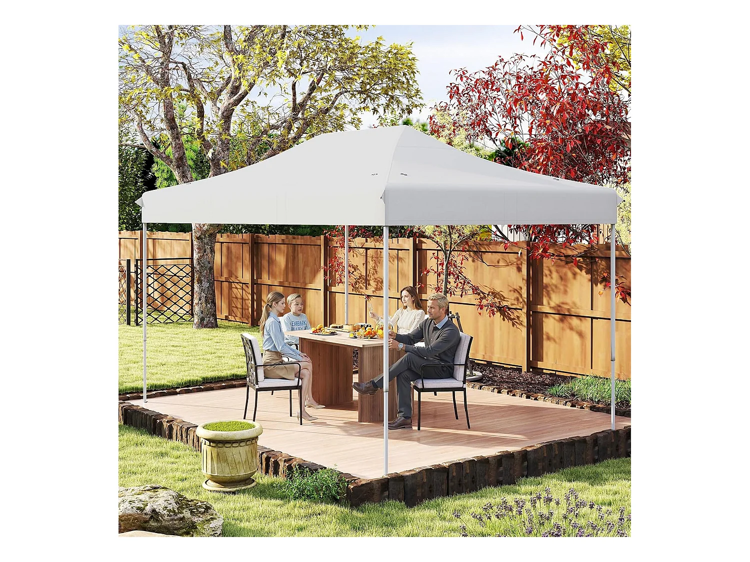 Tonnelle de Jardin Instantanée 300 x 445 CM, Tente de Jardin avec Trous de Drainage Sac à roulettes 4 Cordes, Abri Ajustable pour Marché Camping Mariage (Beige)
