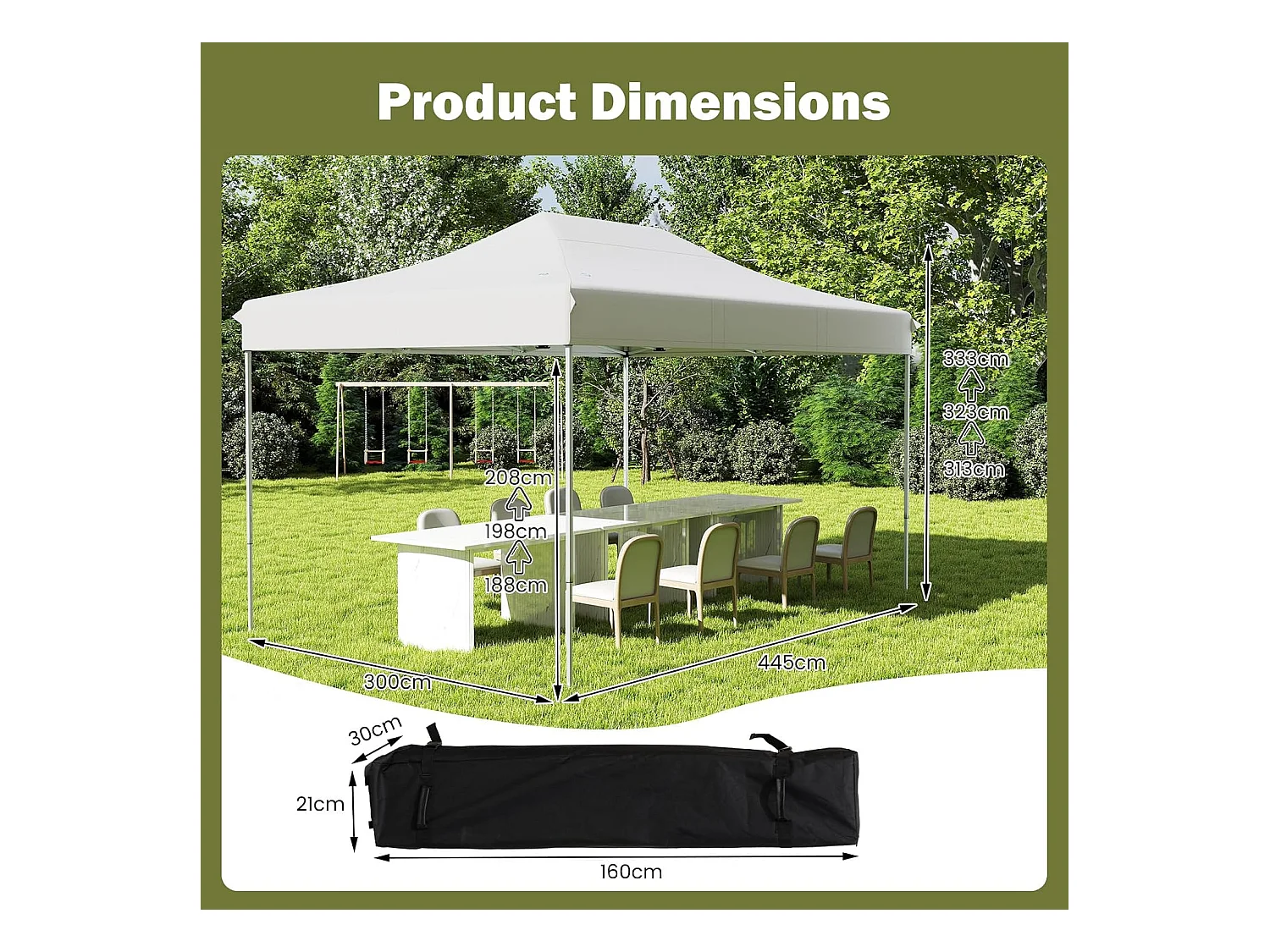 Tonnelle de Jardin Instantanée 300 x 445 CM, Tente de Jardin avec Trous de Drainage Sac à roulettes 4 Cordes, Abri Ajustable pour Marché Camping Mariage (Beige)