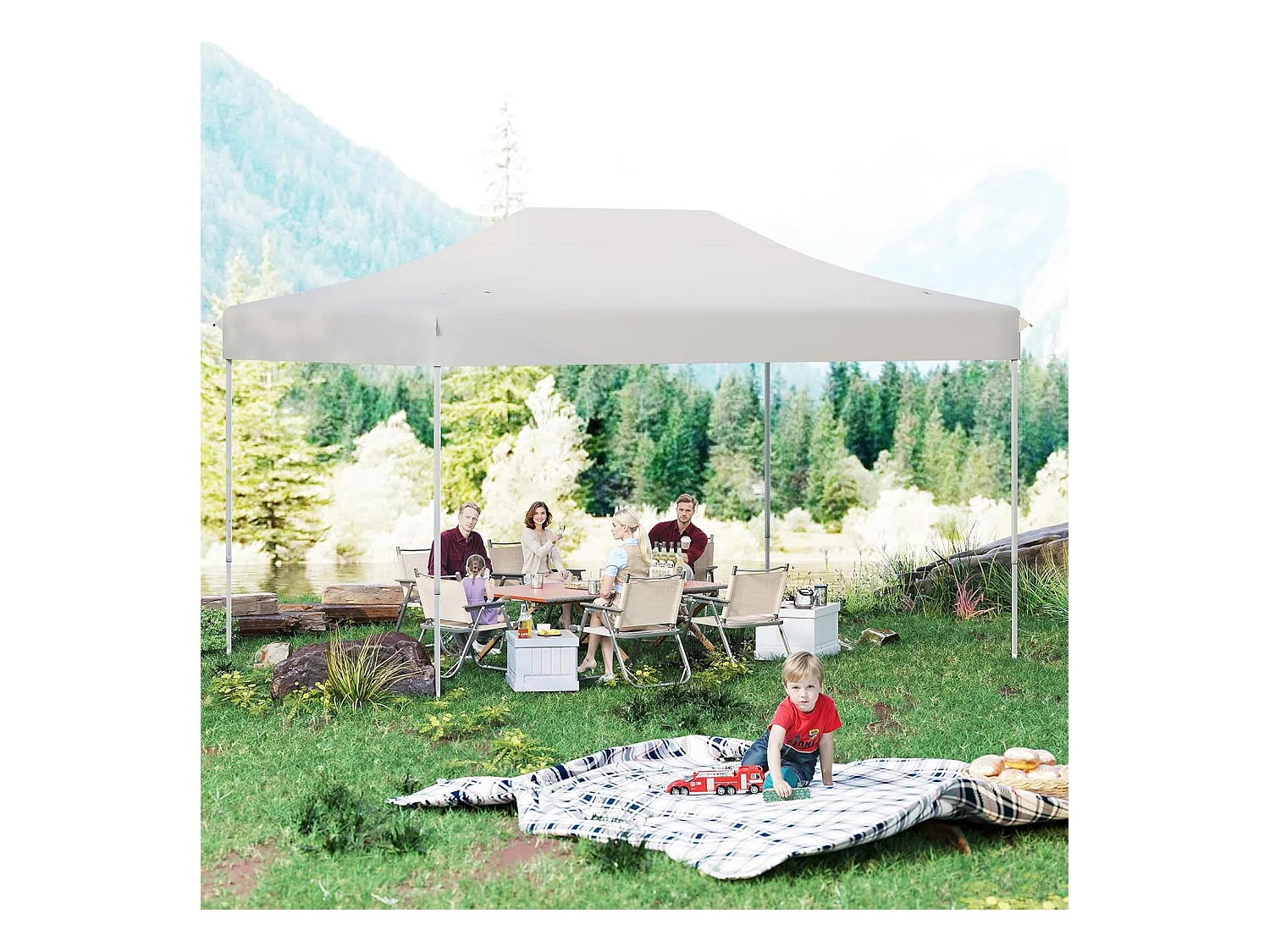 Tonnelle de Jardin Instantanée 300 x 445 CM, Tente de Jardin avec Trous de Drainage Sac à roulettes 4 Cordes, Abri Ajustable pour Marché Camping Mariage (Beige)