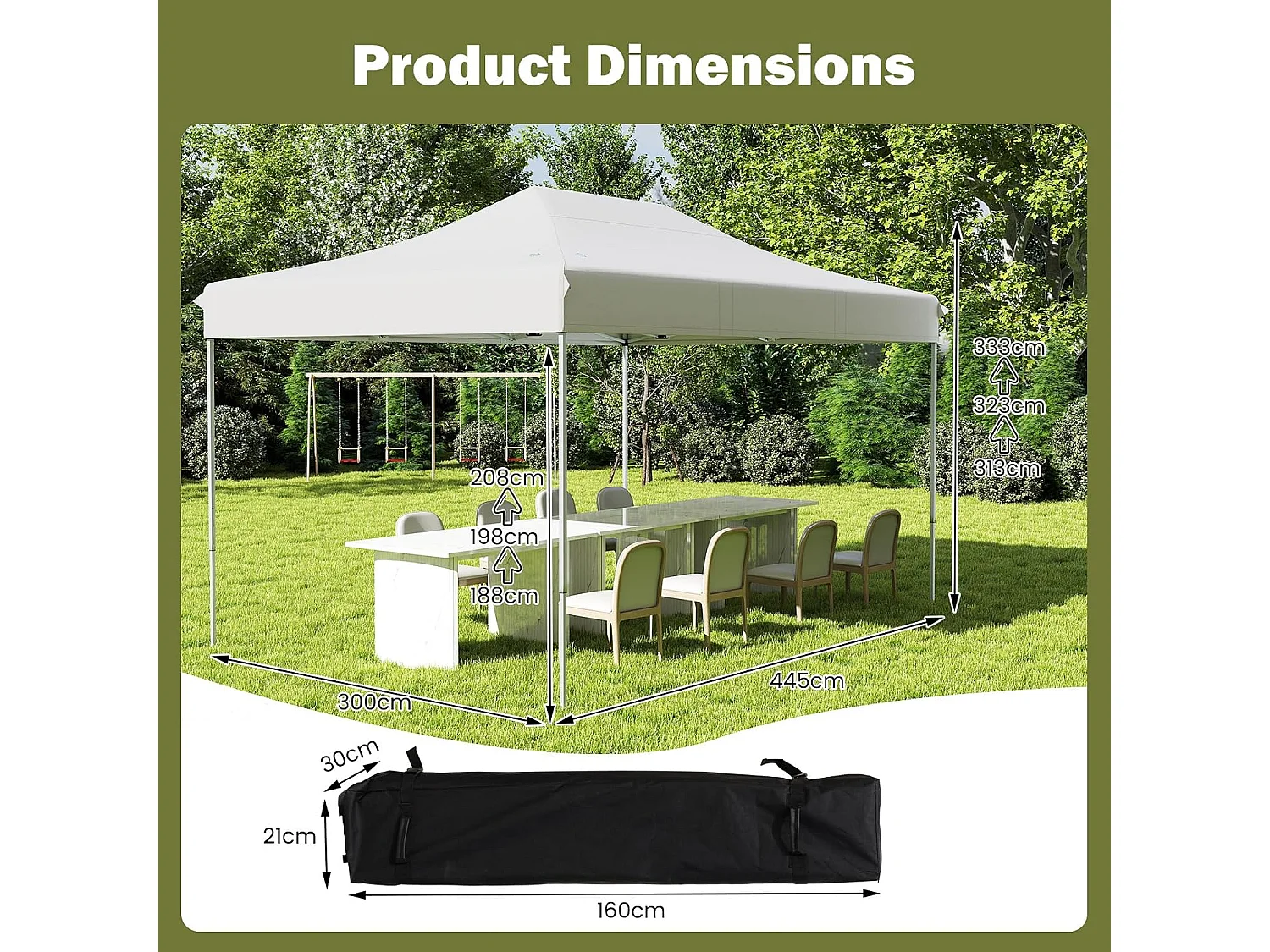 Tonnelle de Jardin Instantanée 300 x 445 CM, Tente de Jardin avec Trous de Drainage Sac à roulettes 4 Cordes, Abri Ajustable pour Marché Camping Mariage (Beige)