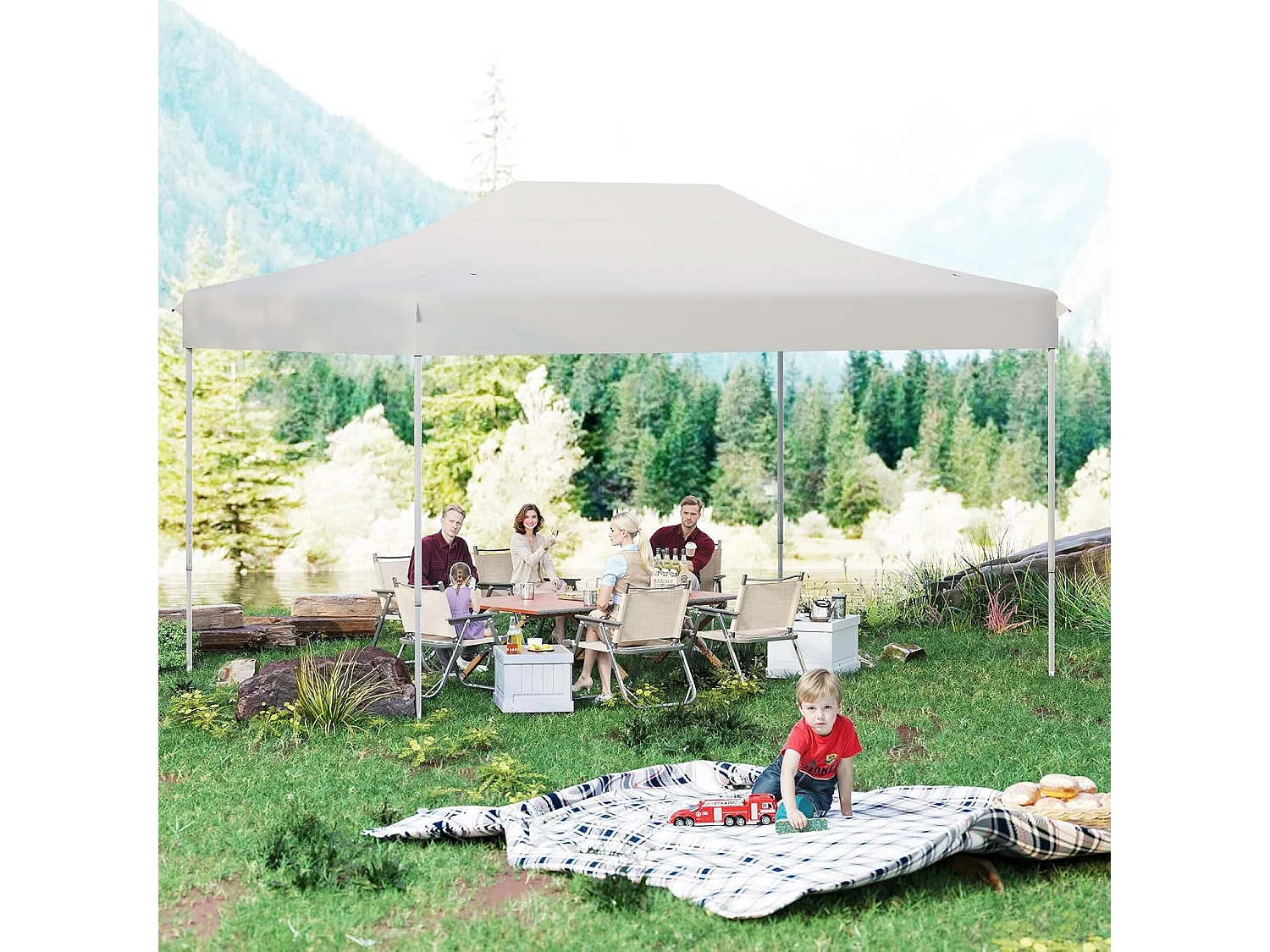 Tonnelle de Jardin Instantanée 300 x 445 CM, Tente de Jardin avec Trous de Drainage Sac à roulettes 4 Cordes, Abri Ajustable pour Marché Camping Mariage (Beige)