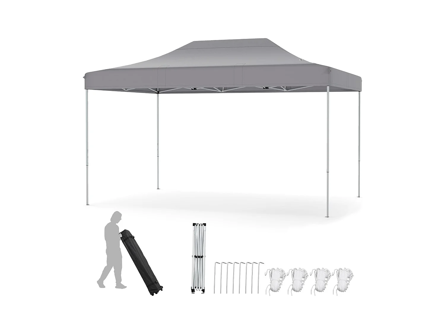 Tonnelle de Jardin Instantanée 300 x 445 CM, Tente de Jardin avec Trous de Drainage Sac à roulettes 4 Cordes, Abri Ajustable pour Marché Camping Mariage (Gris)