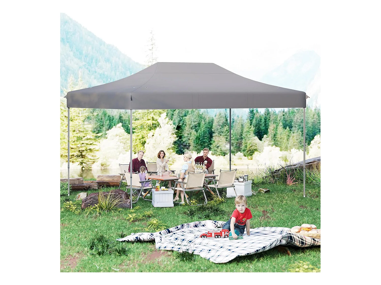 Tonnelle de Jardin Instantanée 300 x 445 CM, Tente de Jardin avec Trous de Drainage Sac à roulettes 4 Cordes, Abri Ajustable pour Marché Camping Mariage (Gris)