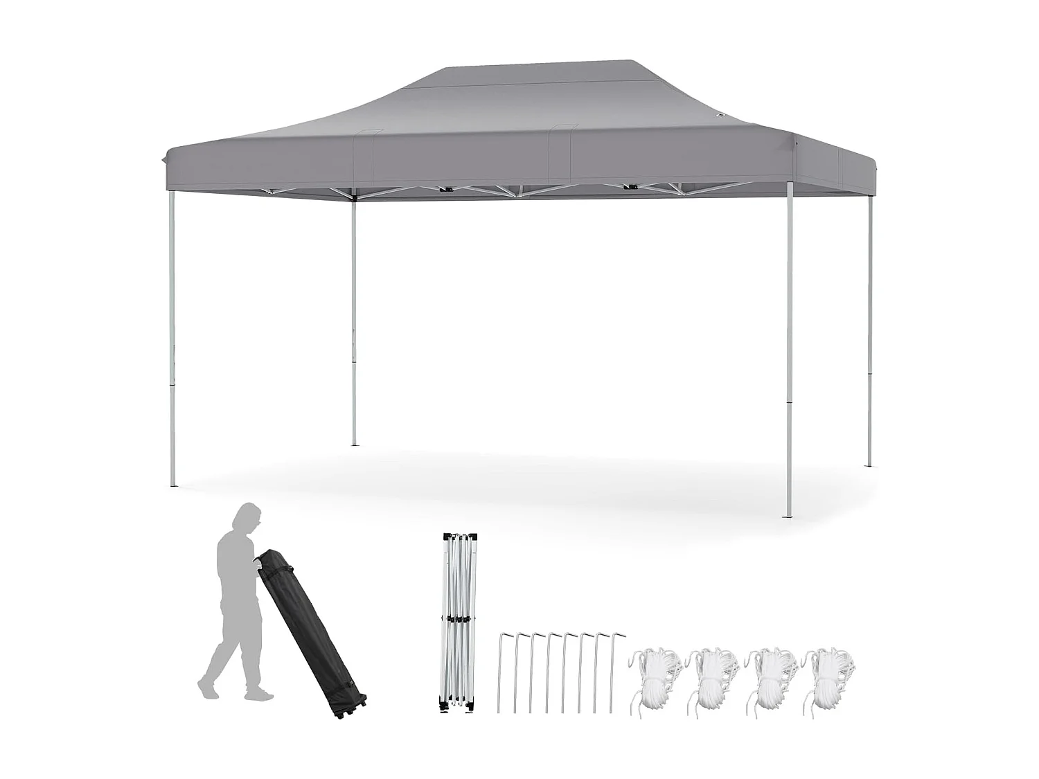 Tonnelle de Jardin Instantanée 300 x 445 CM, Tente de Jardin avec Trous de Drainage Sac à roulettes 4 Cordes, Abri Ajustable pour Marché Camping Mariage (Gris)