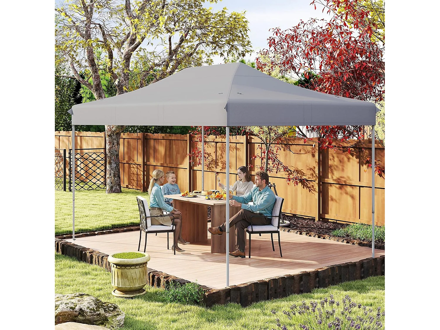 Tonnelle de Jardin Instantanée 300 x 445 CM, Tente de Jardin avec Trous de Drainage Sac à roulettes 4 Cordes, Abri Ajustable pour Marché Camping Mariage (Gris)