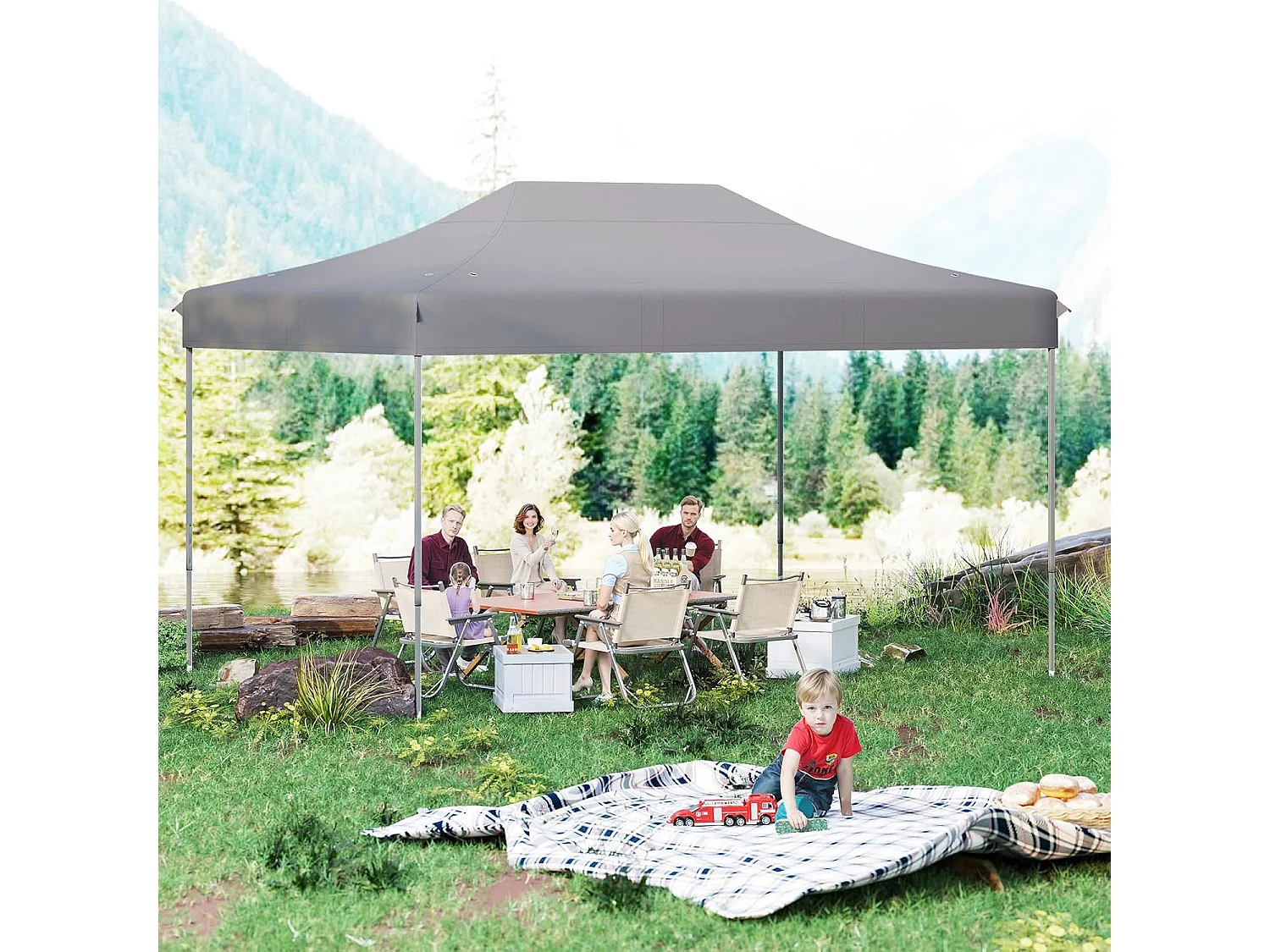 Tonnelle de Jardin Instantanée 300 x 445 CM, Tente de Jardin avec Trous de Drainage Sac à roulettes 4 Cordes, Abri Ajustable pour Marché Camping Mariage (Gris)