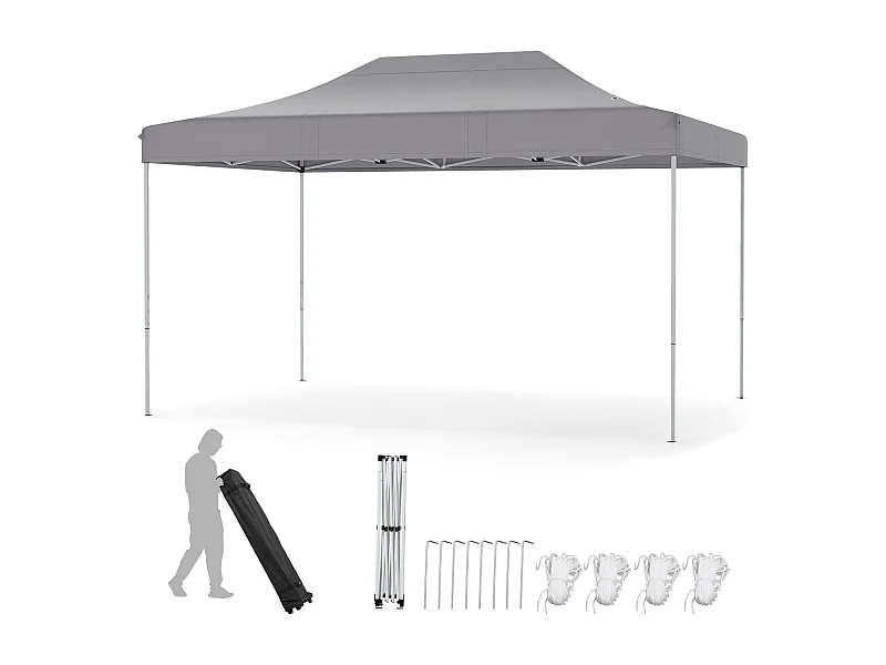Tonnelle de Jardin Instantanée 300 x 445 CM, Tente de Jardin avec Trous de Drainage Sac à roulettes 4 Cordes, Abri Ajustable pour Marché Camping Mariage (Gris)