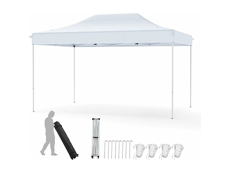 Tonnelle de Jardin Instantanée 300 x 445 CM, Tente de Jardin avec Trous de Drainage Sac à roulettes 4 Cordes, Abri Ajustable pour Marché Camping Mariage (Blanc)