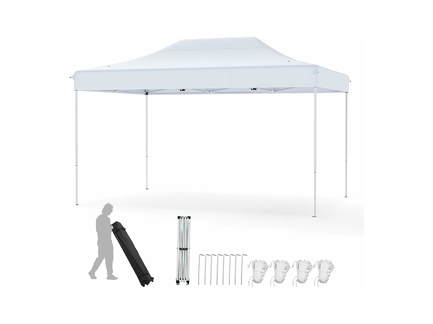 Tonnelle de Jardin Instantanée 300 x 445 CM, Tente de Jardin avec Trous de Drainage Sac à roulettes 4 Cordes, Abri Ajustable pour Marché Camping Mariage (Blanc)