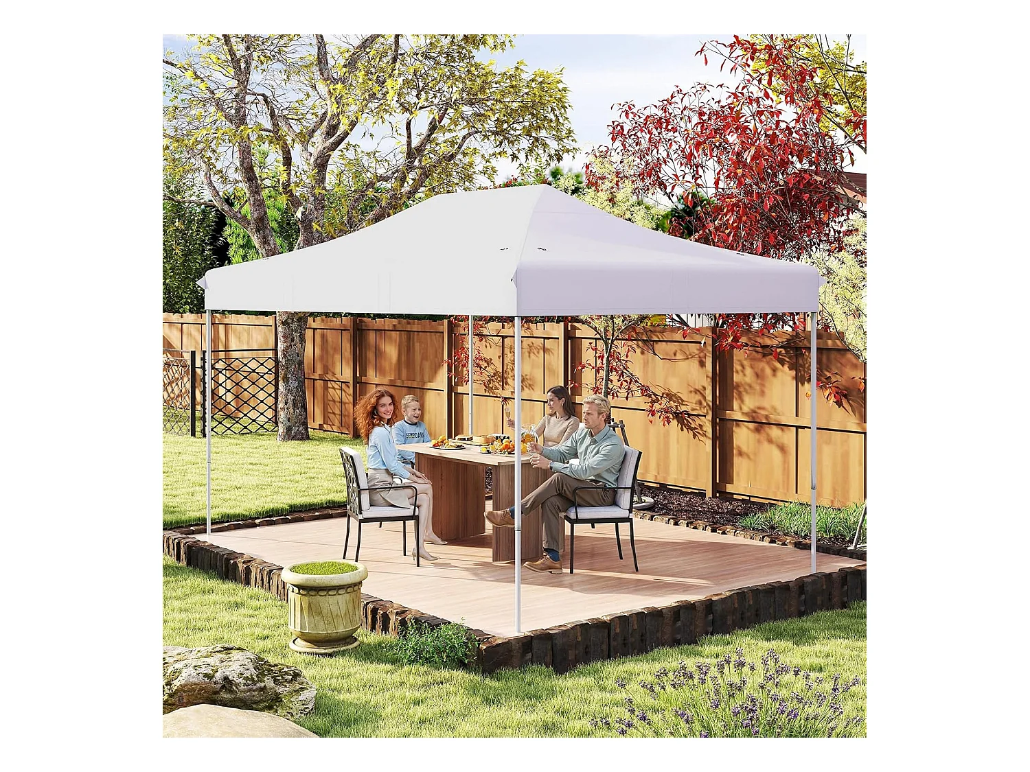 Tonnelle de Jardin Instantanée 300 x 445 CM, Tente de Jardin avec Trous de Drainage Sac à roulettes 4 Cordes, Abri Ajustable pour Marché Camping Mariage (Blanc)