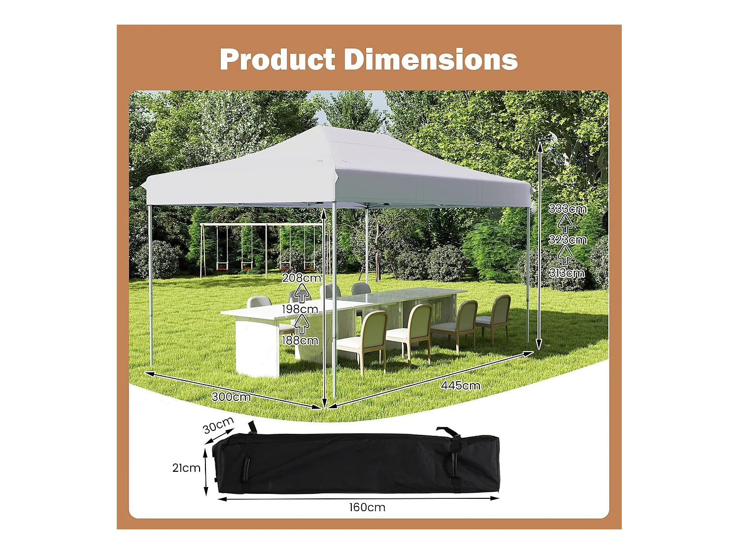 Tonnelle de Jardin Instantanée 300 x 445 CM, Tente de Jardin avec Trous de Drainage Sac à roulettes 4 Cordes, Abri Ajustable pour Marché Camping Mariage (Blanc)
