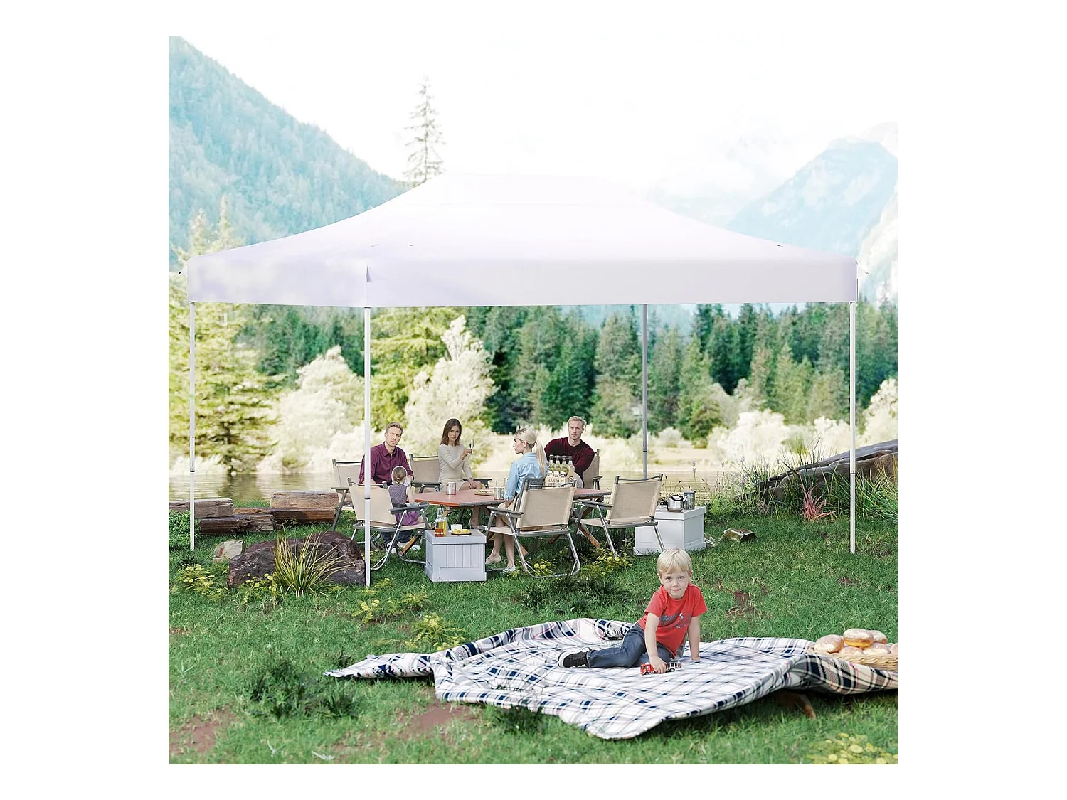 Tonnelle de Jardin Instantanée 300 x 445 CM, Tente de Jardin avec Trous de Drainage Sac à roulettes 4 Cordes, Abri Ajustable pour Marché Camping Mariage (Blanc)