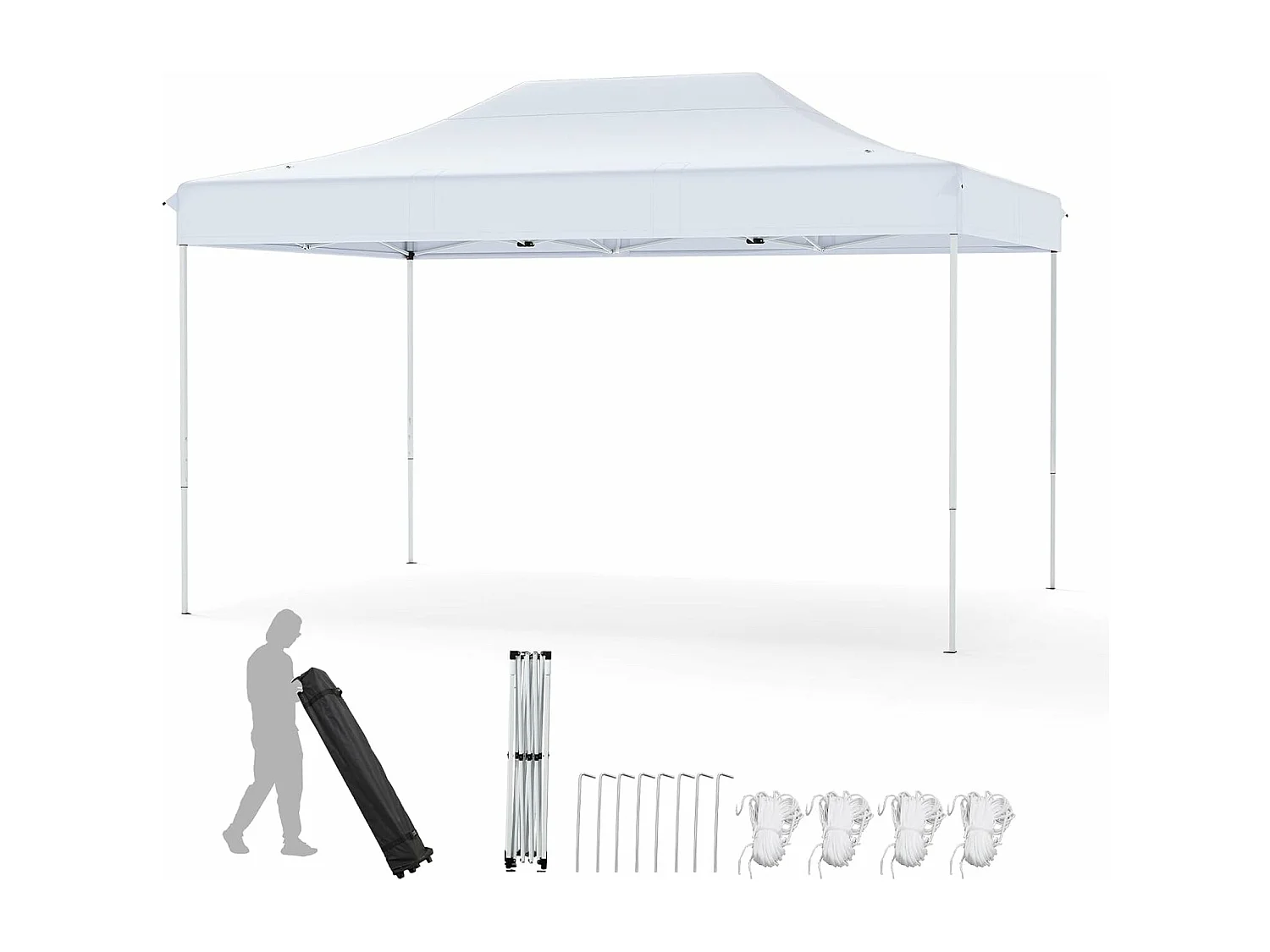 Tonnelle de Jardin Instantanée 300 x 445 CM, Tente de Jardin avec Trous de Drainage Sac à roulettes 4 Cordes, Abri Ajustable pour Marché Camping Mariage (Blanc)